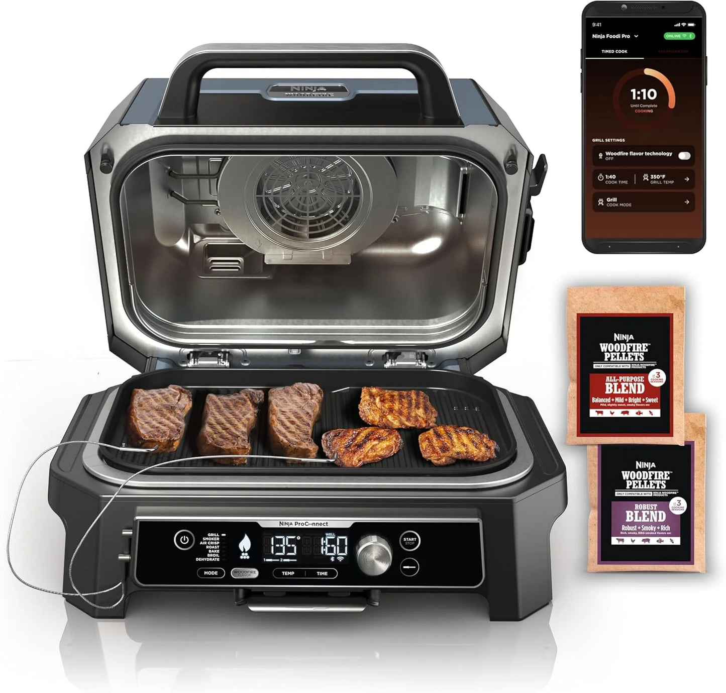 2026 Parrilla y ahumador exterior Ninja Woodfire Pro XL, termómetro, master grill 4 en 1, barbacoa ahumador, freidora de aire exterior, horno, portátil, parrilla eléctrica, gris oscuro, modelo OG850