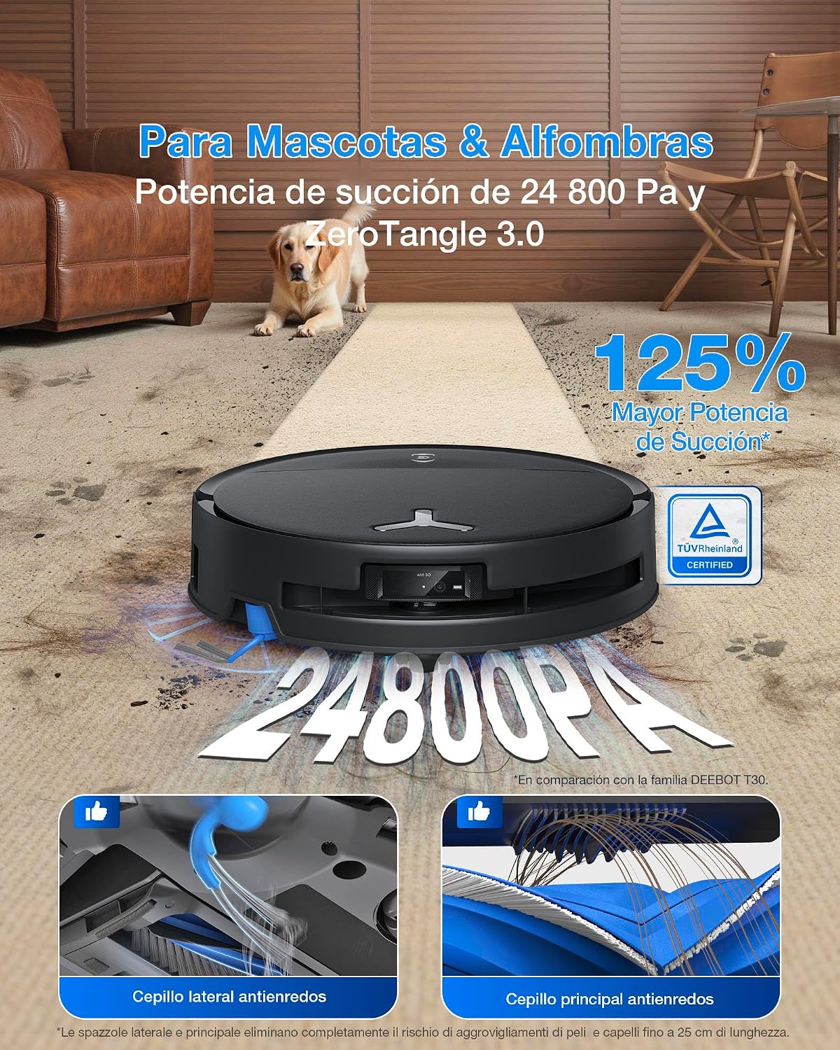ECOVACS DEEBOT T80S Omni Robot Aspirador y Mopa, 24 800 Pa, OZMO Roller 2.0, Tecnología ZeroTangle 3.0, Mecanismo Triple Lift, Lav Mopa con Agua Cal a 40-75 °C, Secado Aire Cal, Negro