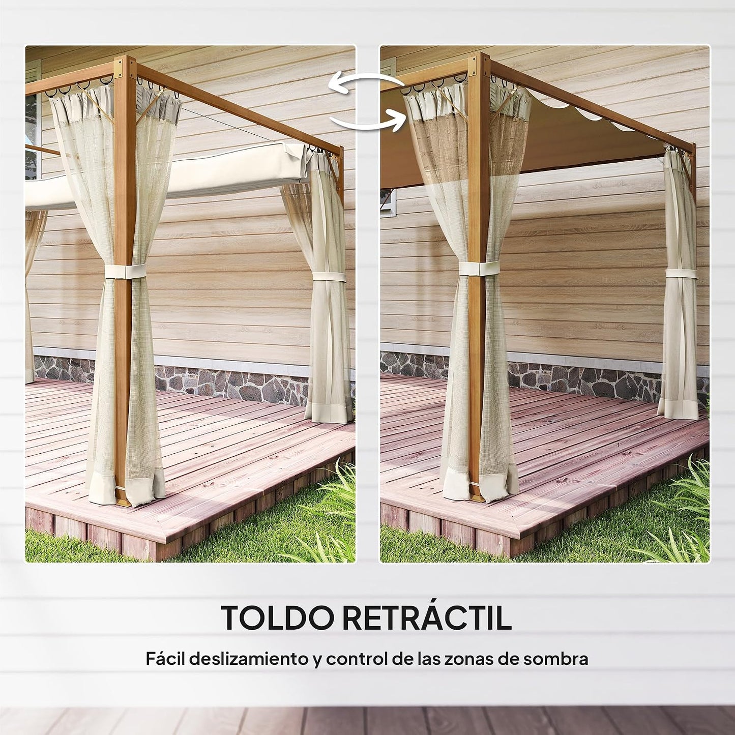 Outsunny Pérgola de Jardín 3x4 m con Techo Retráctil y 4 Paredes Laterales de Malla, Cenador de Jardín con Estructura de Aluminio, UPF30+, Pabellón para Exterior, Patio, Terraza, Natural