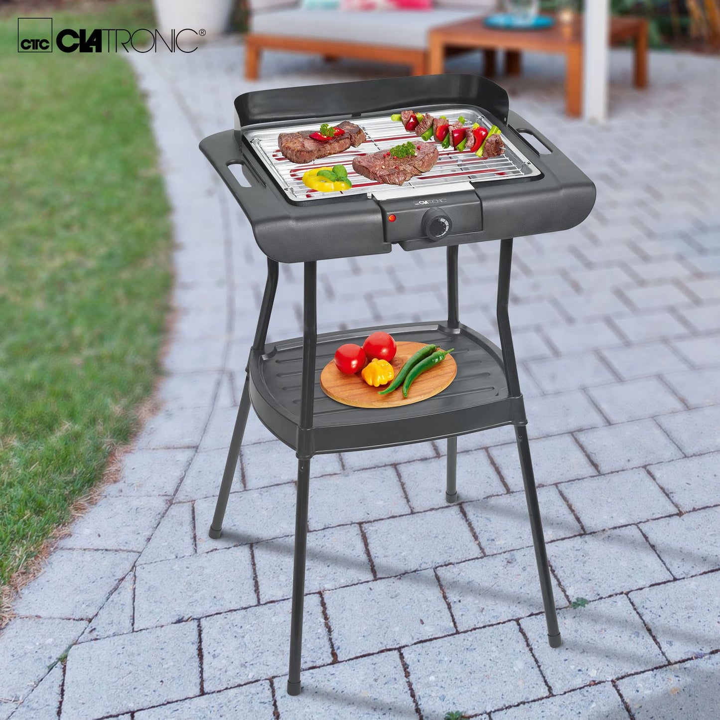 Barbacoa Eléctrica Con Patas, Parrilla Cromada, Ajuste Temperatura, Interior / Exterior Negro/plata 2000w Clatronic Bqs 3508
