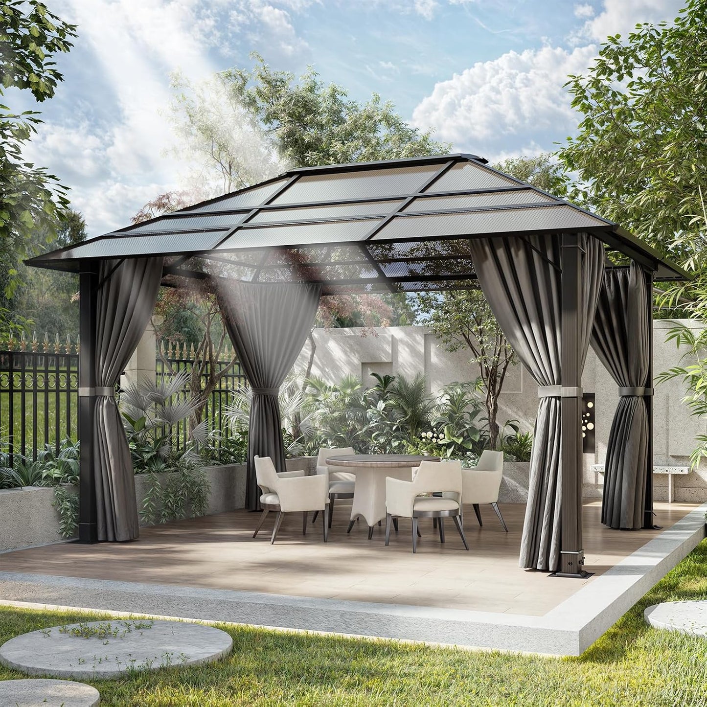 Devoko - Cenador de jardín de 3 x 4 cm, impermeable y estable, cenador de jardín al aire libre de aluminio, glorieta con techo fijo resistente a los rayos UV, para escenas exteriores, color gris