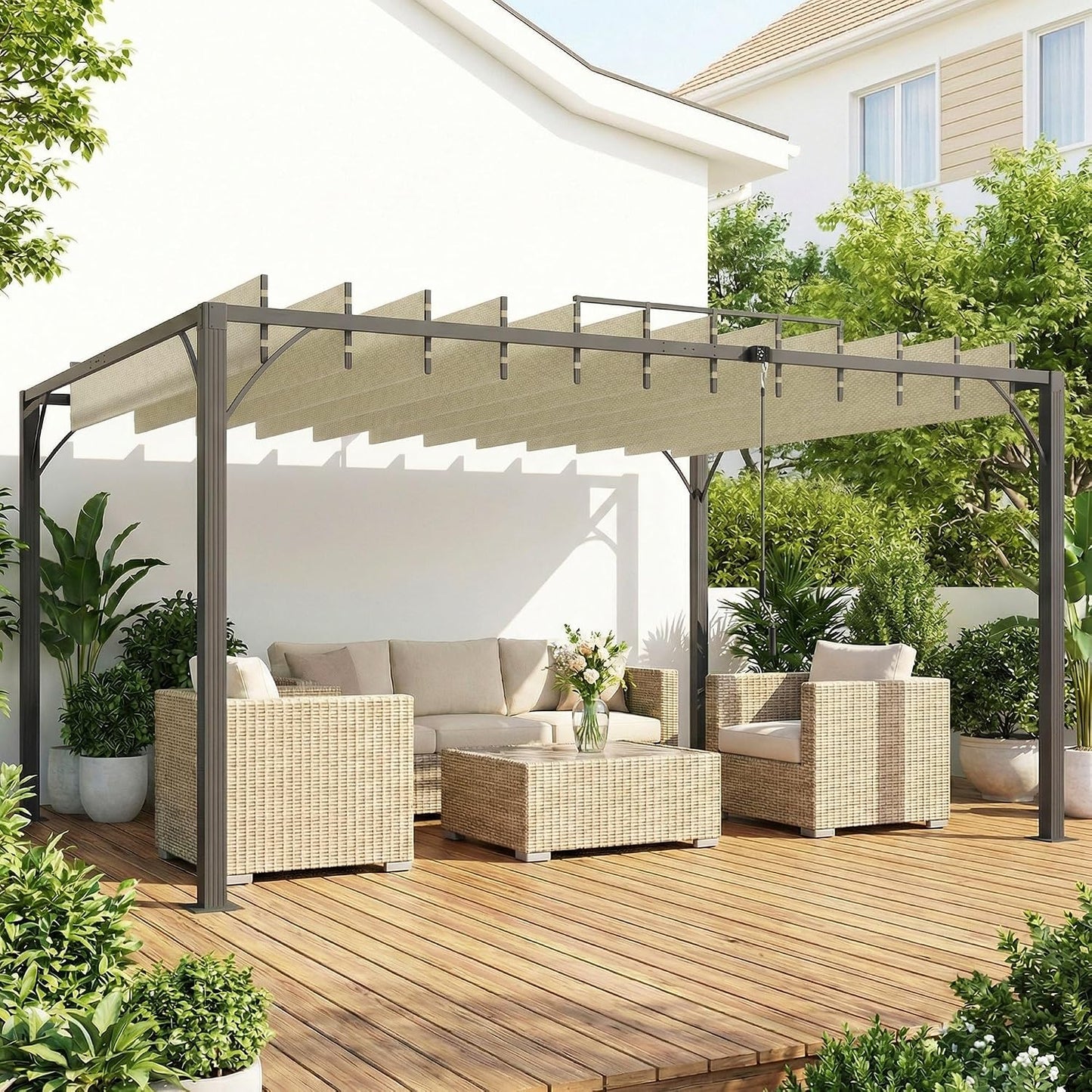 Outsunny Pérgola de Jardín 3x4 m, Cenador de Jardín con Techo de Lamas Orientables a 135°, Columna de Aluminio, Vigas de Hierro, Protección UPF30+, Pabellón para Exterior, Patio, Terraza, Blanco Crema