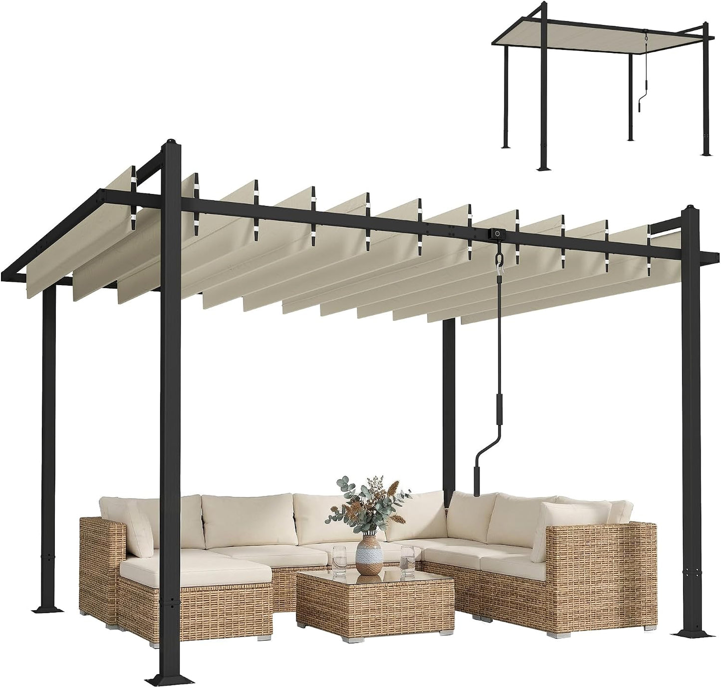 Outsunny Pérgola de Jardín 3x3,8 m, Cenador de Jardín con Techo de Lamas Ajustable a 90°, Manivela, Estructura de Aluminio y Acero, Protección UPF50+, Pabellón para Exterior, Patio, Terraza, Beige