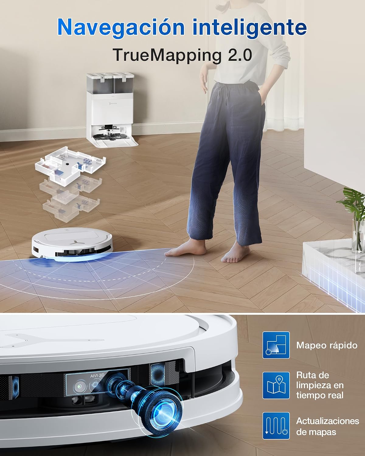 ECOVACS DEEBOT T50 Omni Robot Aspirador y mopa, 15.000Pa, Cepillo Lateral Extensible, ZeroTangle 2.0, estación Omni Todo en uno, mopa con Agua Caliente a 75℃ lultrafino de 81mm, Blanco