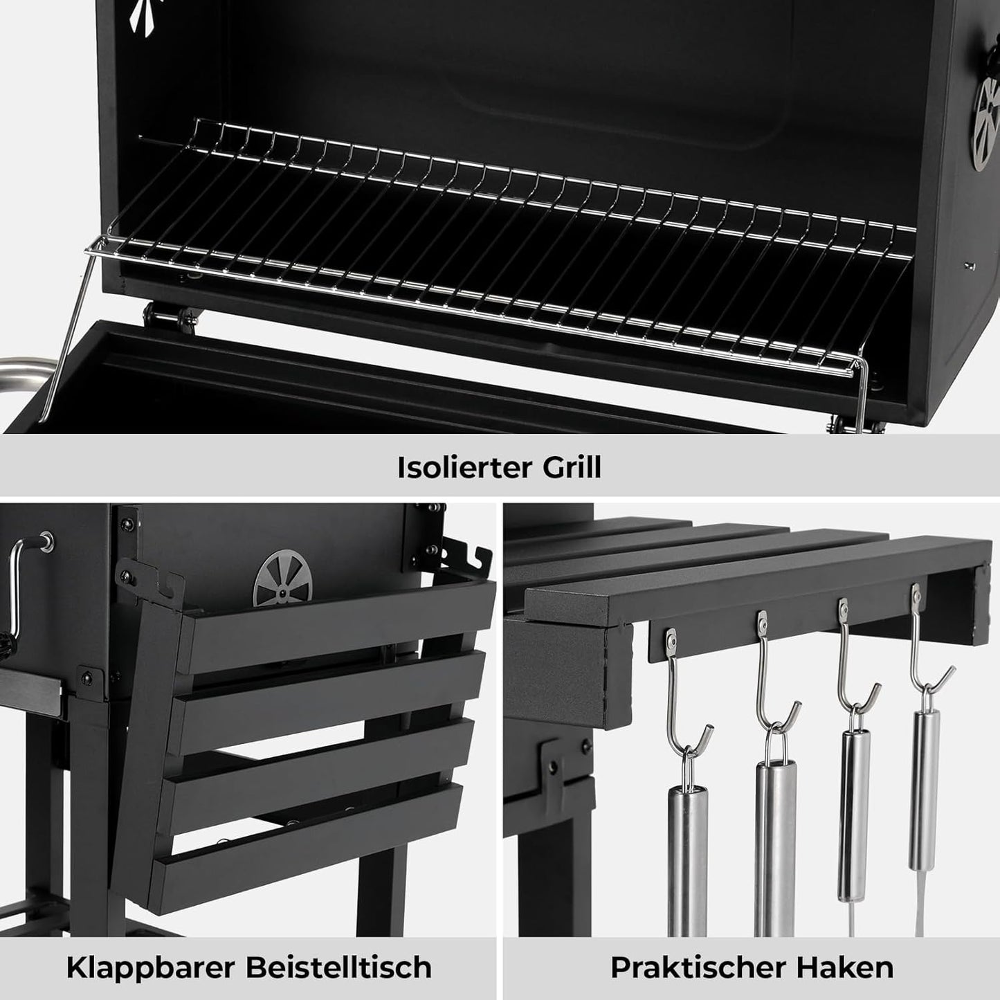 Barbacoa de Carbon XXL, Parrilla de Carbón con Chimenea y Tapa, Parrilla con Carrito BBQ Smoker con Ruedas y Termómetro, Grande BBQ Carbon para Camping y Jardín