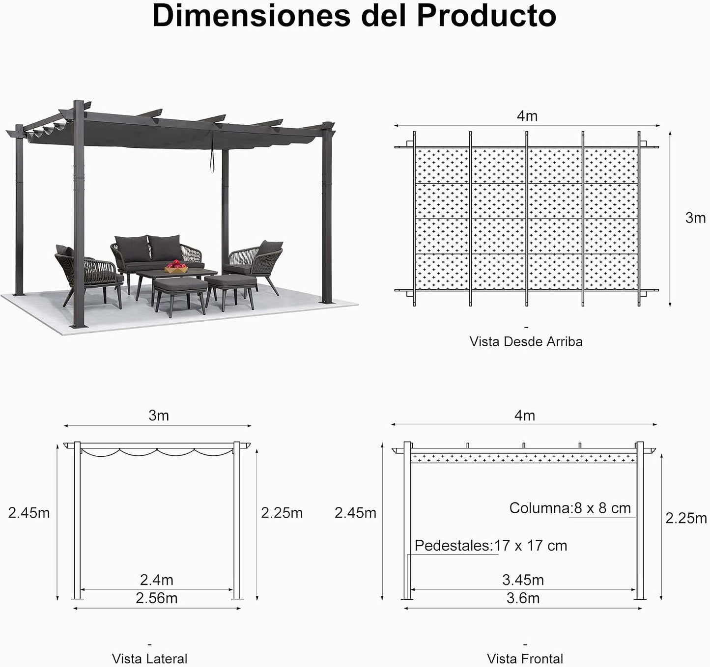 PURPLE LEAF Pergolas de Jardin Aluminio Cenadores para Jardin 4 x 3 M Pérgolas con Techo Retráctil Tela para Camping Fiesta Celebraciones, Gris