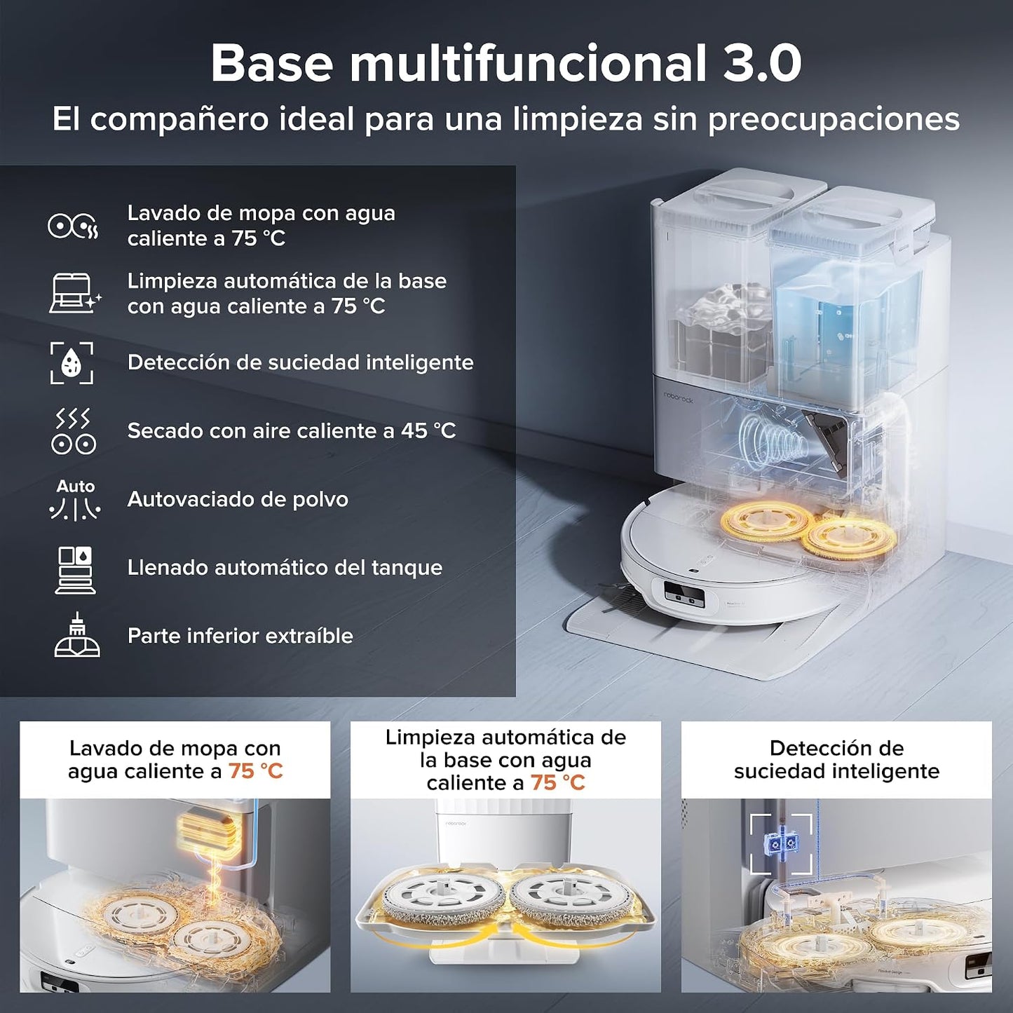 roborock Qrevo EdgeT Robot Aspirador con FlexiArm y Sistema Doble Desenredos, Succión 18500 Pa, 7,98 cm Ultrafino, Base Multifuncional 3.0 con Agua Caliente para Lavar Mopa, Controlado por App y Voz