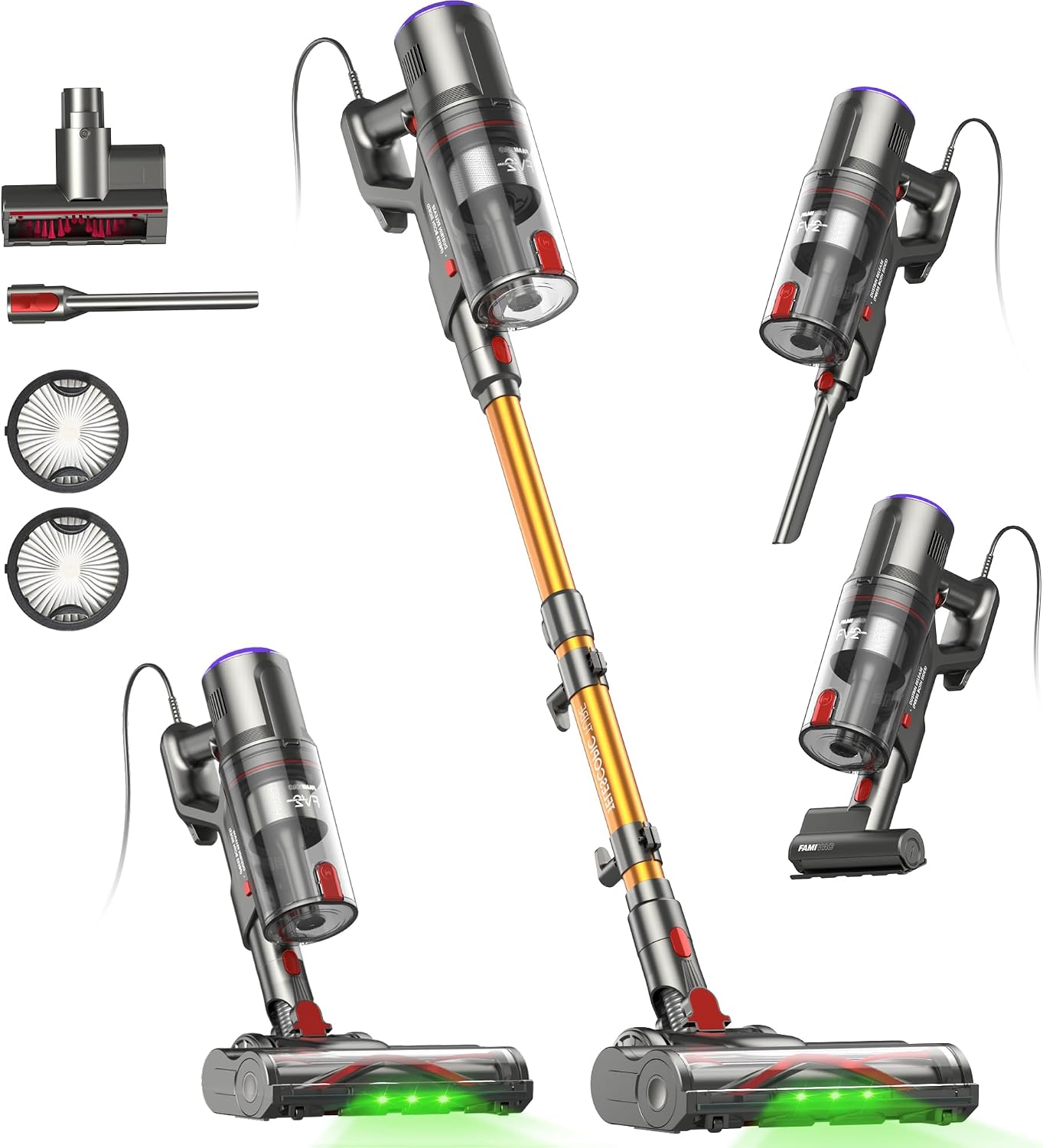 FAMIVAC FV2 Aspiradora con Cable, 65Kpa/600W Aspirador Potente con Cepillo para Colchón, 1,3KG Ligera, Cable 7M, 1,5L, Cepillo Antienredos & Autoportante para Alfombras, Suelos, Pelos de Mascotas