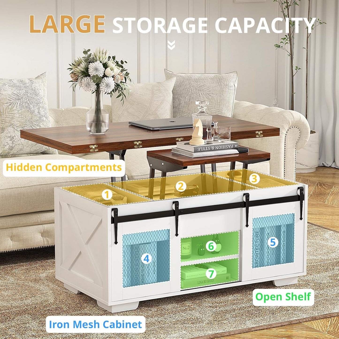 VOWNER Mesa de Centro Elevable, Mesa Extensible, Multifuncional 3 en 1 con Almacenamiento Oculto - Comedor, Convertible, Estilo Granja, Nogal