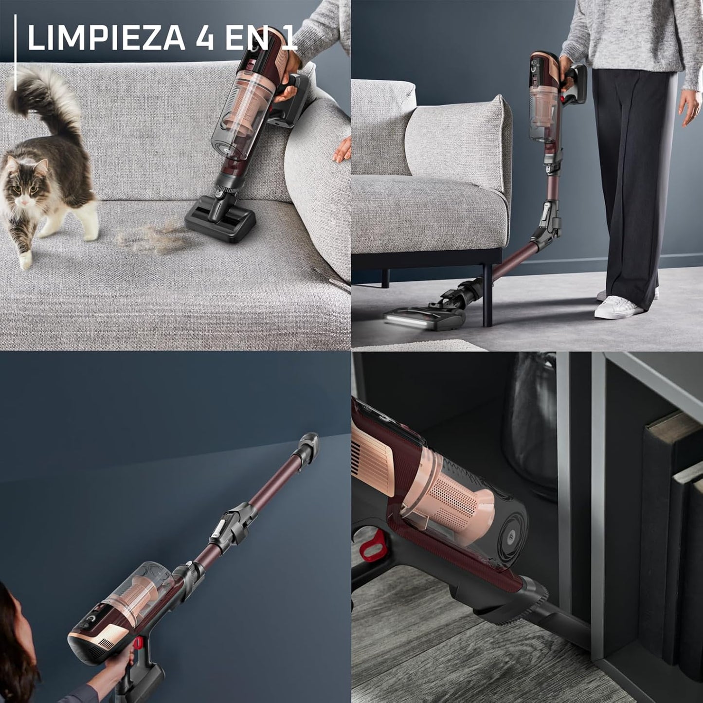 Rowenta X-Pert 6.80 Flex, Aspiradora Escoba Sin Cable, Autonomía de hasta 60 Minutos, con Luces led, Limpieza 4 en 1, Ligera, Smart Control Display, Modelo Animal Flex, Burdeos, RH6493E0