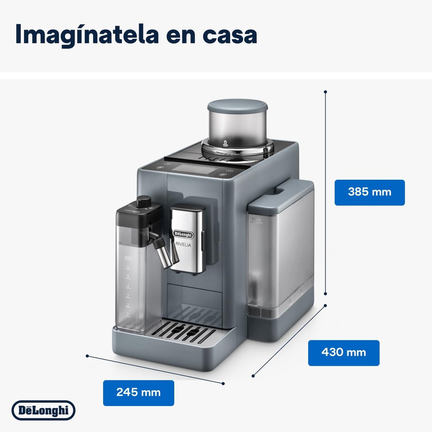 De'Longhi Rivelia EXAM440.55.G, Cafetera Superautomática con LatteCrema Hot, Espumador de Leche Automático, Tamaño Compacto, 16 Recetas, Pantalla Táctil a Color, Gris