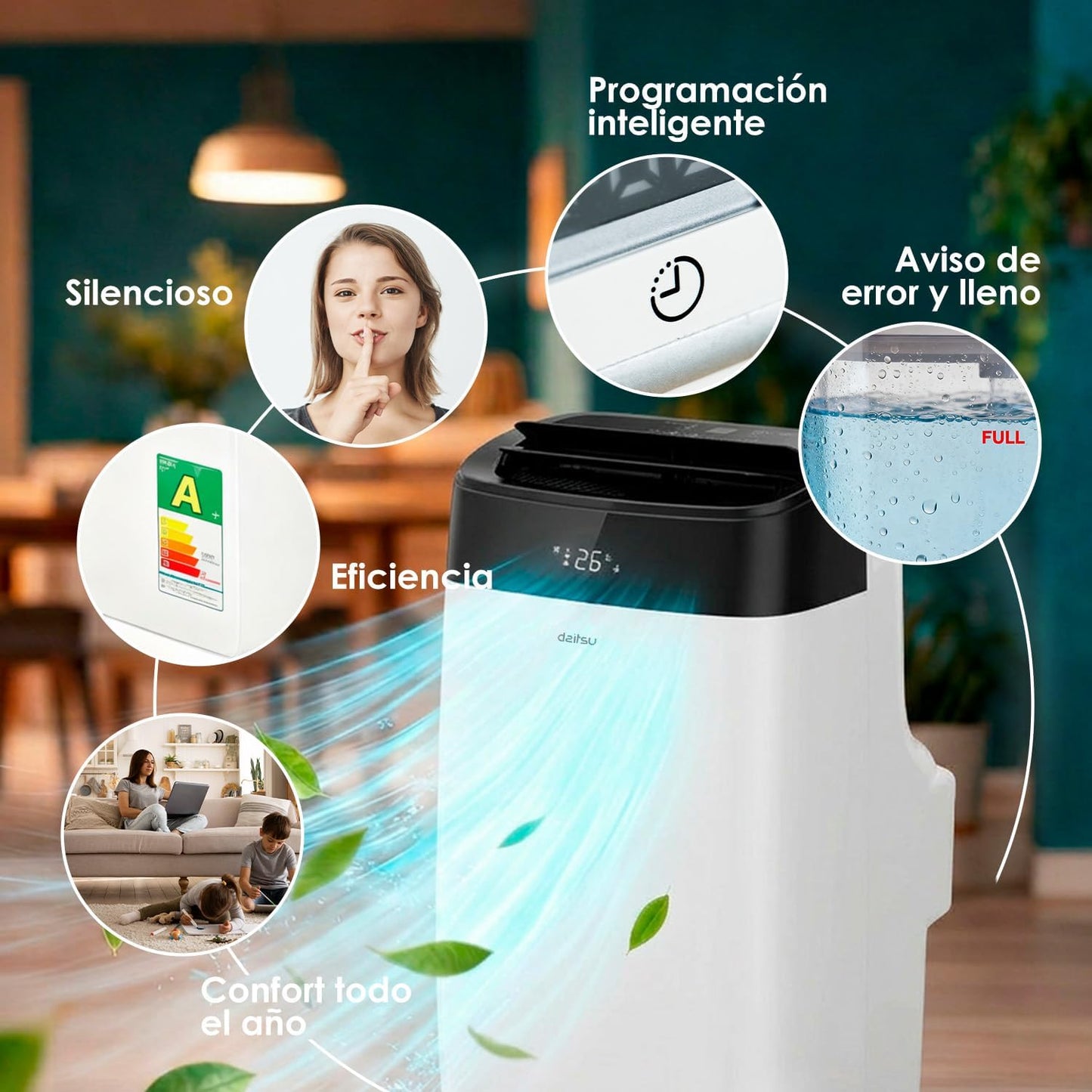 Daitsu Aire Acondicionado Portátil con Deshumidificador Alisios Premium APD 09FX2 | Mando a Distancia | Eficiente y Compacto para el Hogar y Oficina | Estancias hasta 22 m2.