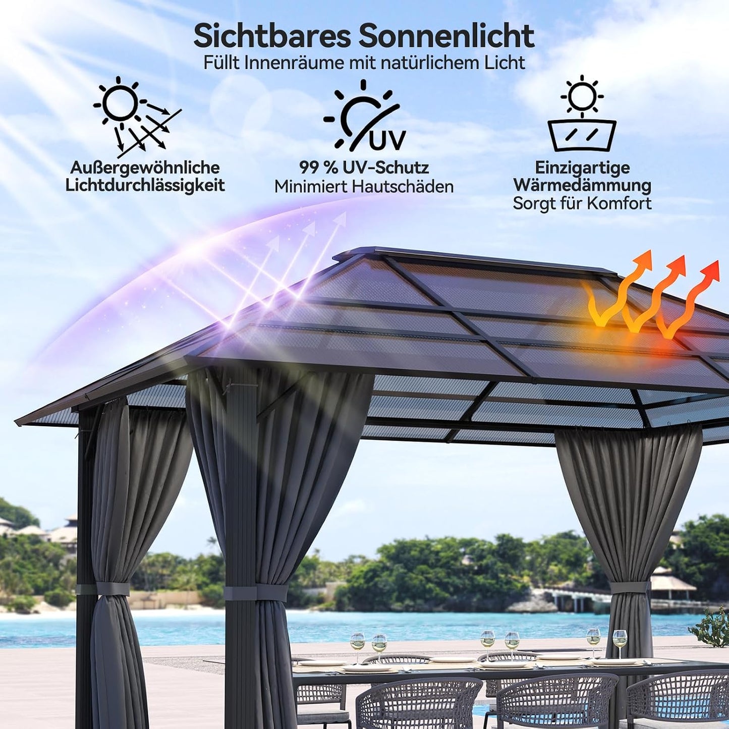 Devoko - Cenador de jardín de 3 x 4 cm, impermeable y estable, cenador de jardín al aire libre de aluminio, glorieta con techo fijo resistente a los rayos UV, para escenas exteriores, color gris