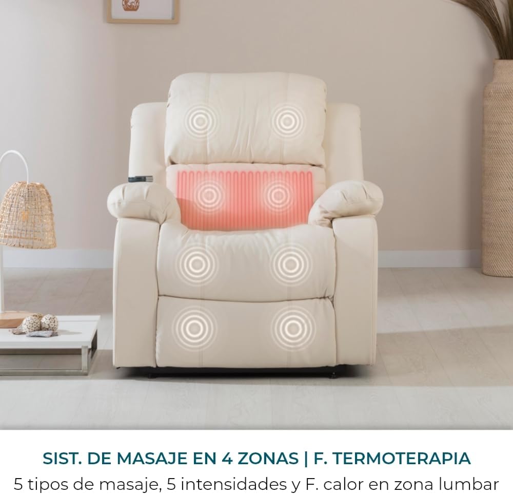Don Descanso - Sillón Masaje Relax Calor Trevi Negro Reclinable 160º con 8 Motores Silenciosos, Calor Lumbar, Sist. Masaje 4 Zonas y Acabado en PU Anti-Cuarteo [Incluye Mando]. Ideal Gente Mayor