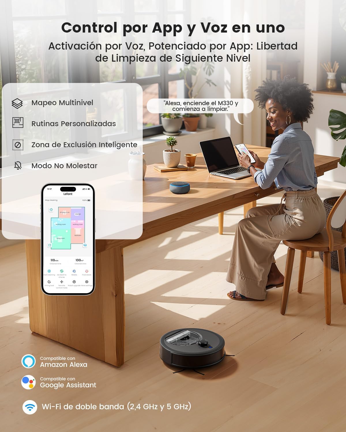 Lefant M330 Robot Aspirador y Fregasuelos con Mapeo 3 en 1, 5000Pa, 150min, Evitación de Obstáculos PSD 190°, Navegación dToF, 2,4GHz y 5GHz WiFi/Alexa/App, Ideal para Pelo de Mascotas y Alfombras