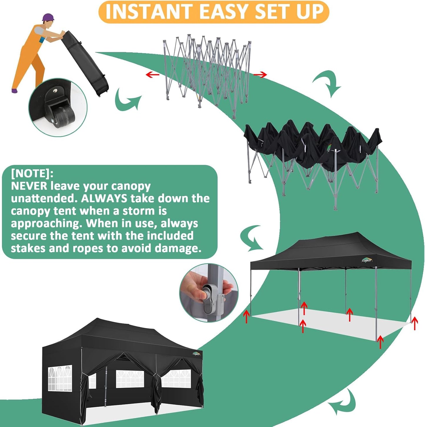 COBIZI Carpa Plegable 3x6 con Pared Lateral,Impermeable Carpa Plegable,Carpas para Exteriores Pergola,Cenadores para Jardin Fiesta Camping Playa (3 por 6m Negro)