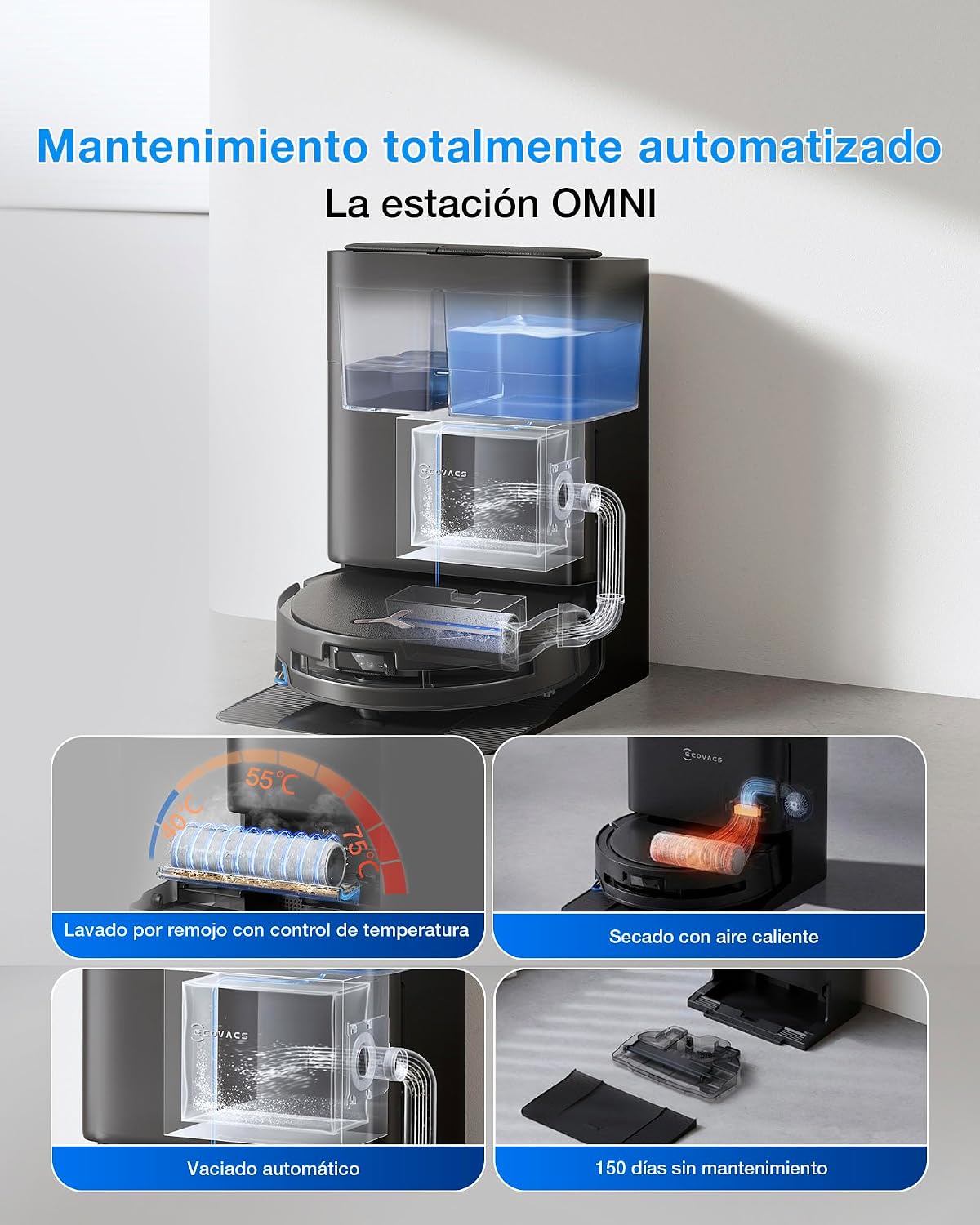 ECOVACS DEEBOT T80S Omni Robot Aspirador y Mopa, 24 800 Pa, OZMO Roller 2.0, Tecnología ZeroTangle 3.0, Mecanismo Triple Lift, Lav Mopa con Agua Cal a 40-75 °C, Secado Aire Cal, Negro