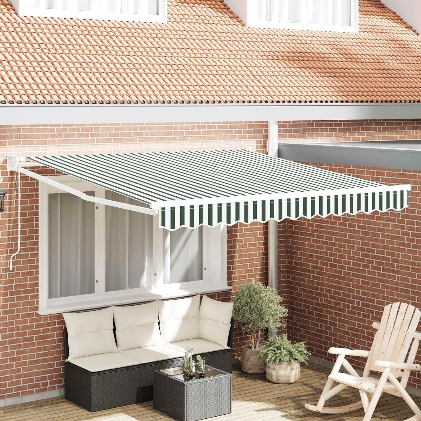 Toldo Motorizado 3x2,5 Toldo electrico Toldos Exterior terraza con Manivela y Marco de Aluminio para Jardín Puerta Ventana-Verde y Blanco-3 x 2,5 m-Marco Blanca