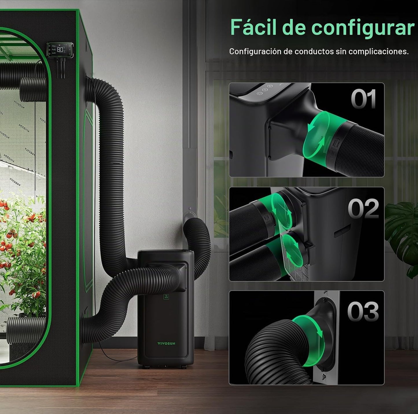 VIVOSUN AeroLush C08 Aire Acondicionado Inteligente, 7000 BTU, Función 4 en 1 con Sensor de Temperatura y Humedad, Control Remoto Inteligente, Ideal para Tiendas de Cultivo y Espacios Interiores