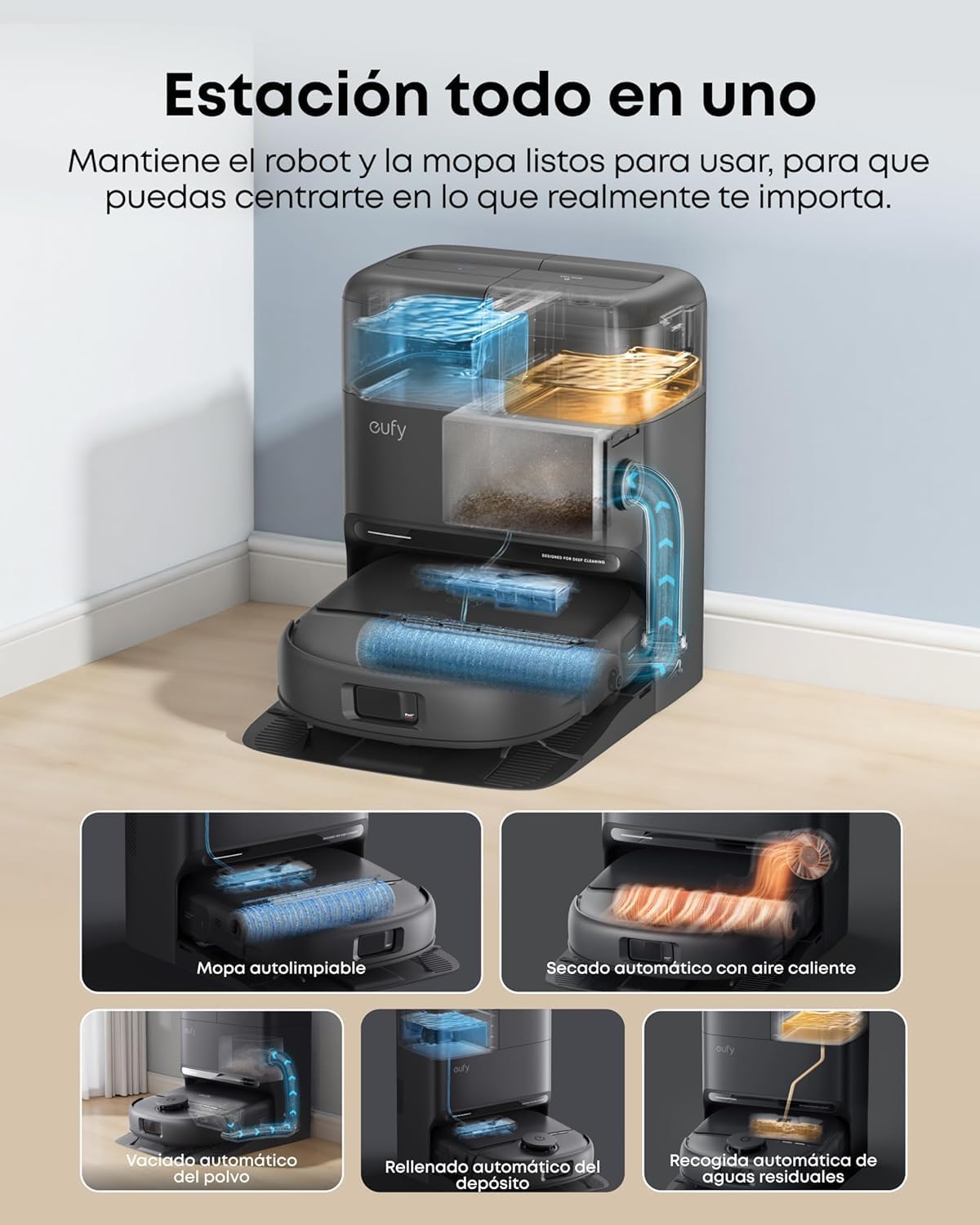 eufy Nuevo edición 2026 Robot Aspirador y fregasuelos, C28 Omni, Rodillo autolimpiante HydroJet, 15.000 Pa, 5 en 1 para el hogar, diseño antienredos evitación de obstáculos con IA, Mejora X10 Pro