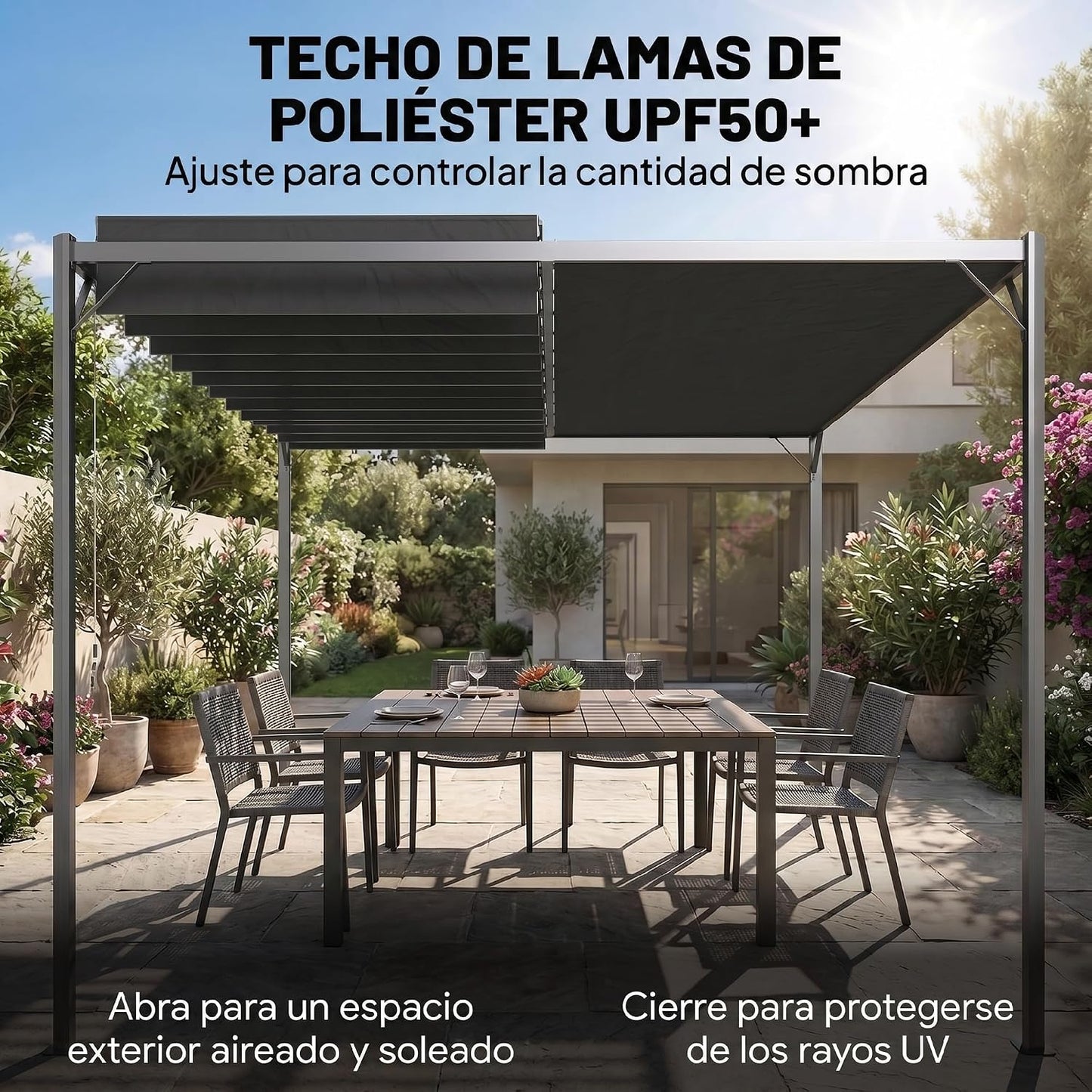 Outsunny Pérgola de Jardín 3x4 m, Cenador de Jardín con Techo de Lamas Orientables, Estructura de Metal, Protección UPF50+, Pabellón para Exterior, Patio, Terraza, Gris Oscuro