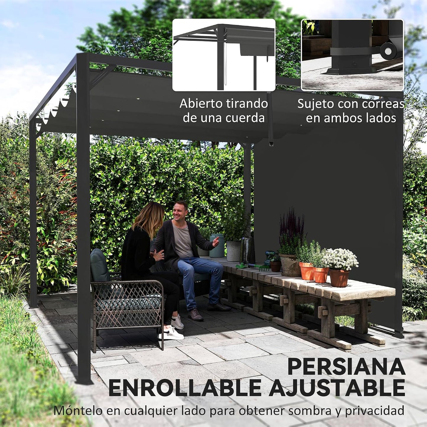 Outsunny Pérgola de Jardín 3x3 m con Techo Retráctil, Pared Lateral Enrollable y Estructura de Aluminio, Cenador de Jardín con UPF30+, Pabellón para Exterior, Patio, Terraza, Gris Oscuro