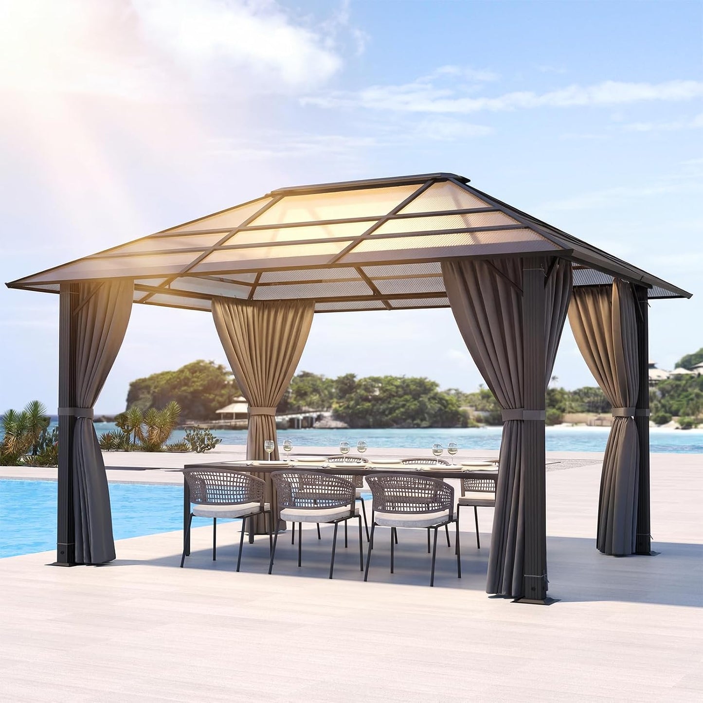 Devoko - Cenador de jardín de 3 x 4 cm, impermeable y estable, cenador de jardín al aire libre de aluminio, glorieta con techo fijo resistente a los rayos UV, para escenas exteriores, color gris
