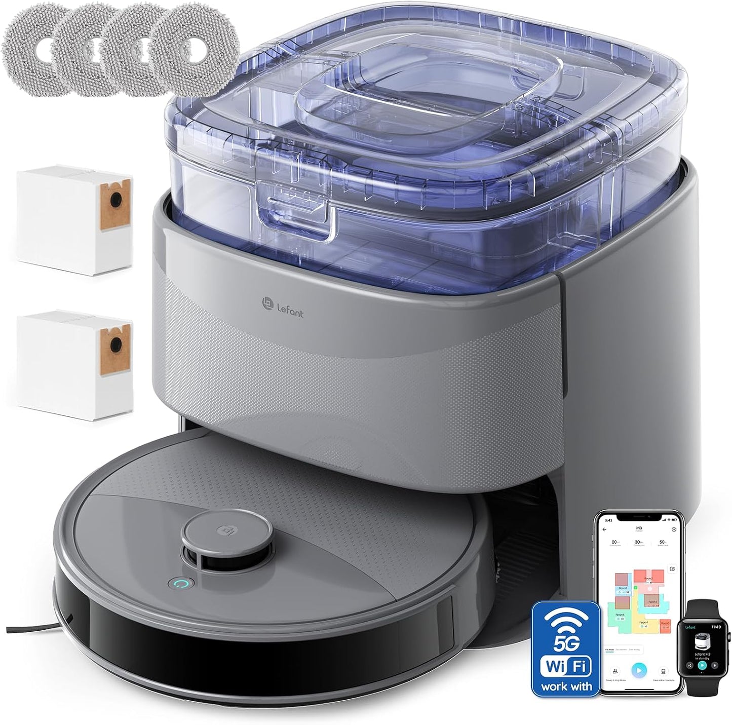 LEFANT M3 Max Robot Aspirador y Fregasuelos, Todo-en-Uno 20000 Pa, 210min, Auto-Lavado/Secado Mopa, Auto-Vaciado 3,2L, dToF Navegación Láser, Evita Obstáculos, WiFi/Alexa/App/i Watch, 2.4G & 5GHz WiFi