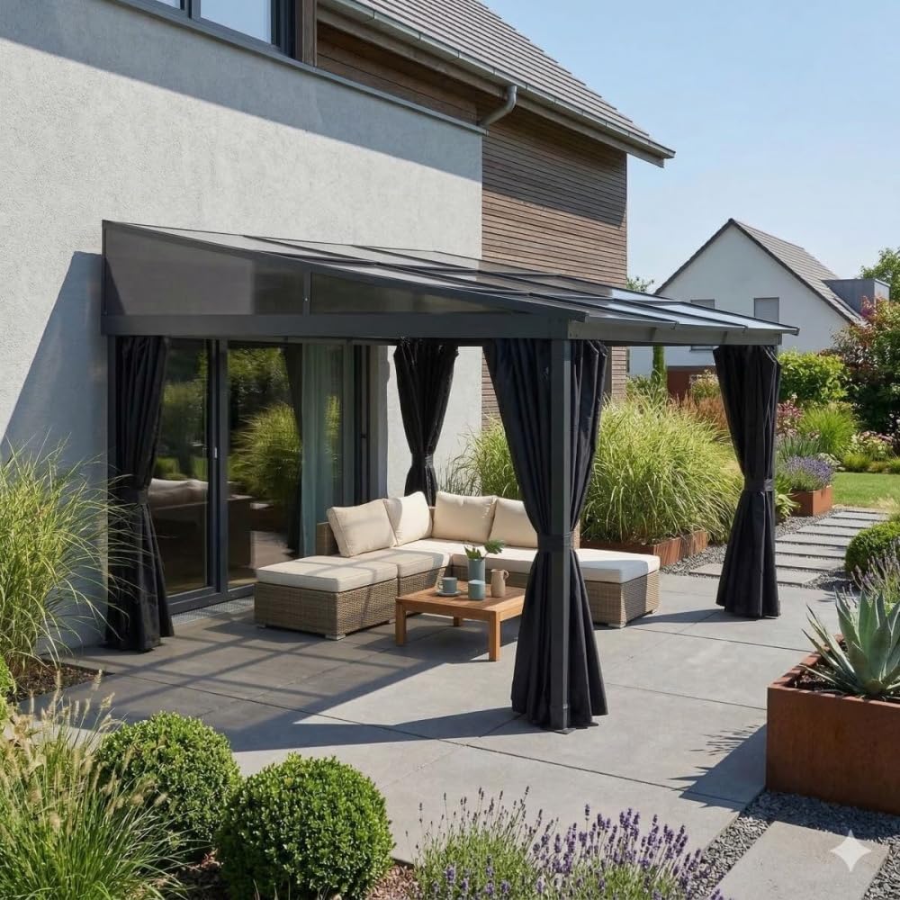 Jet-Line Carpa de lujo de aluminio Karoom 3 x 3,6 m antracita – Cenador de jardín con techo corredizo de policarbonato, resistente a la intemperie y estable, pérgola para jardín y terraza