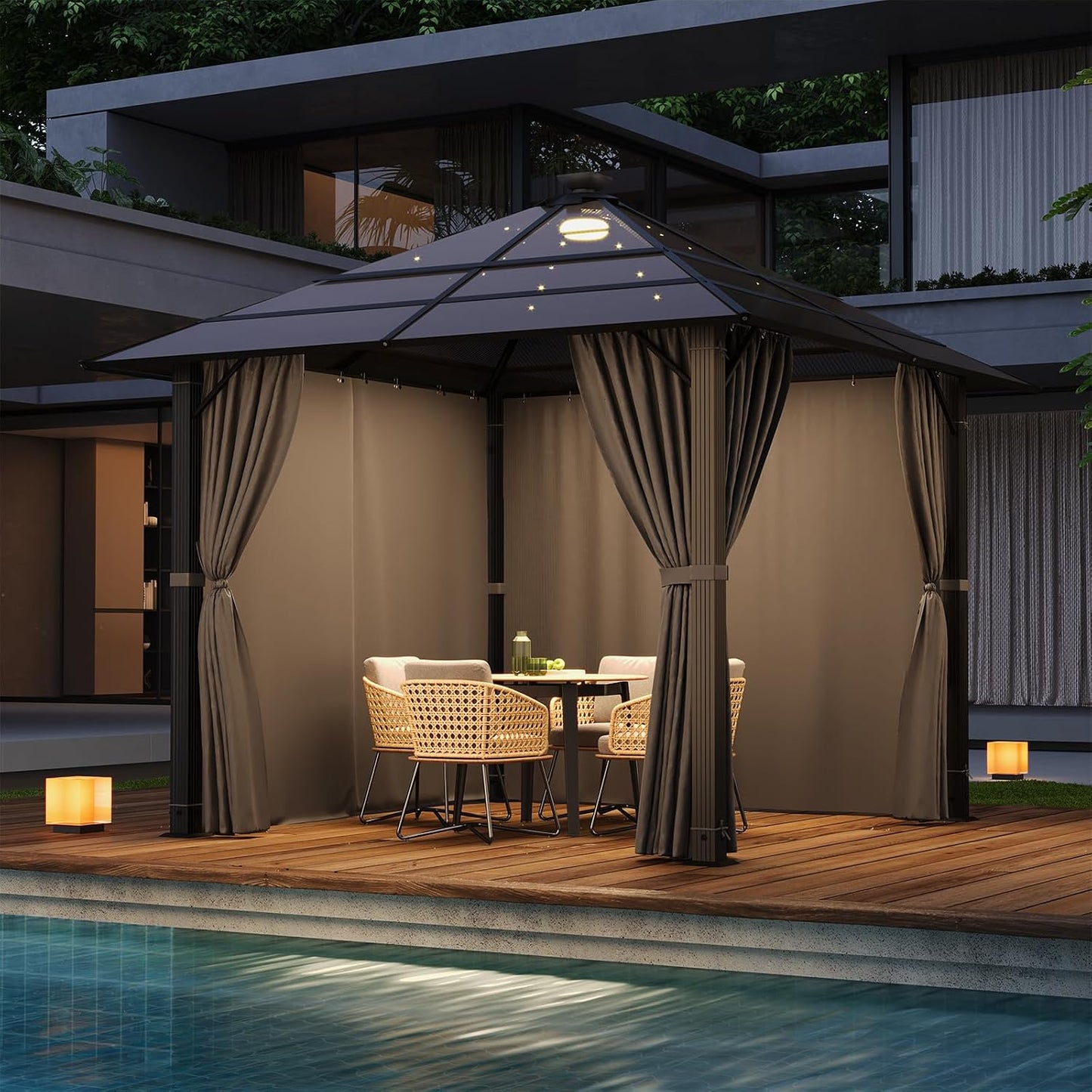 Devoko Pabellón 3x3 Impermeable Estable Resistente al Invierno, Pabellón de Jardín de Aluminio, Pabellones para Barbacoa con Techo Fijo Translúcido, Protección UV 50+, Pérgola Adecuada para Jardines