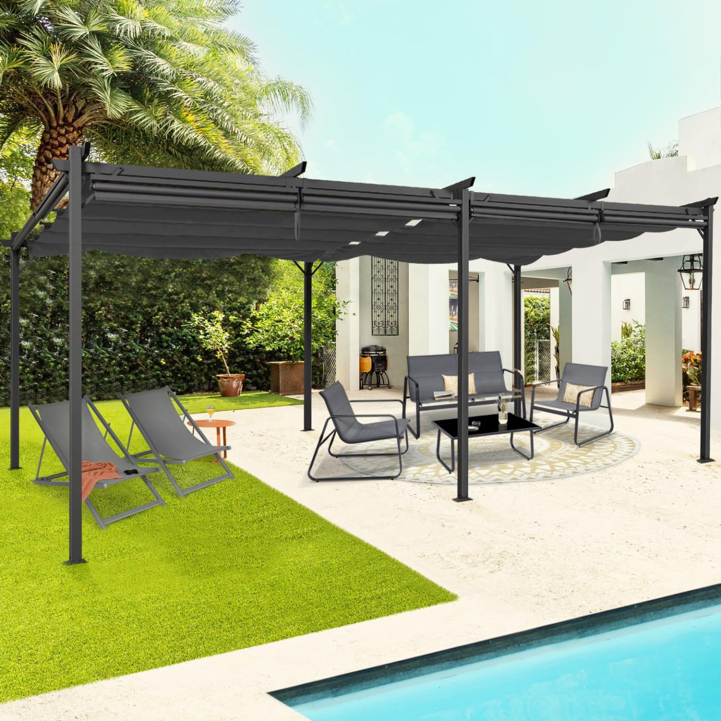 IDMarket - Pergola edición especial techo retráctil 3 x 6 m y 6 persianas, color gris