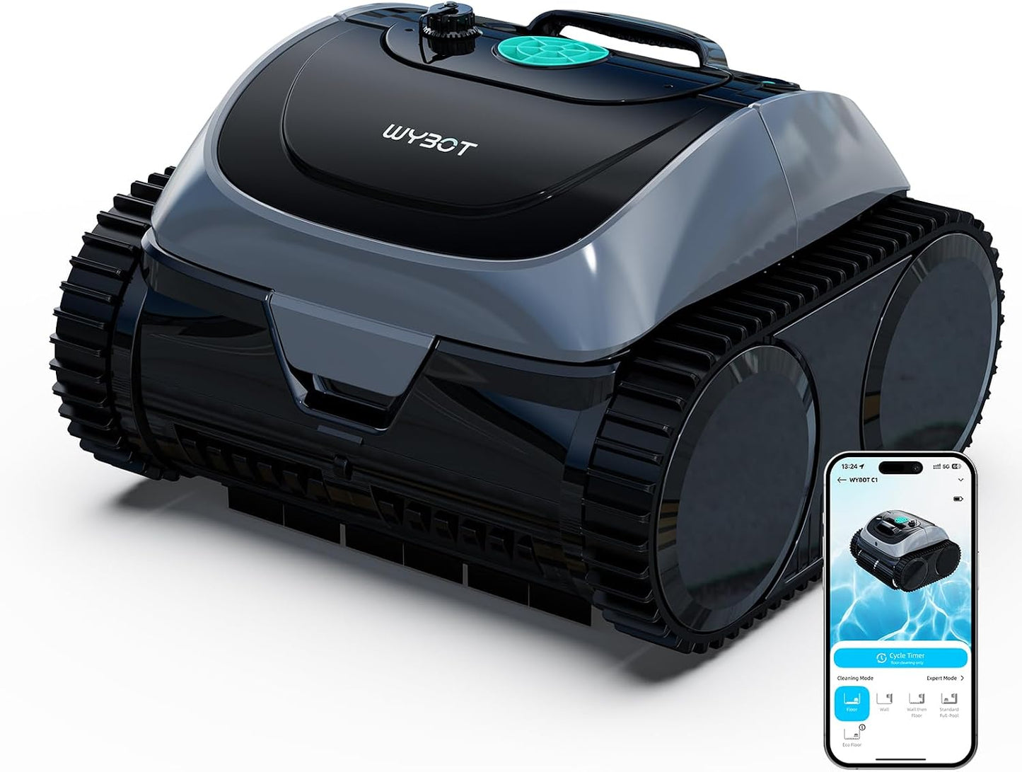 WYBOT C1-P Robot de Piscina y Robot limpiafondos Piscina, Robot Piscina limpiafondos y Paredes - 4 en 1 Aspirador sin Cable, succión Mejorada, 5 Modos, App, 155m² –Verde Acero Jade