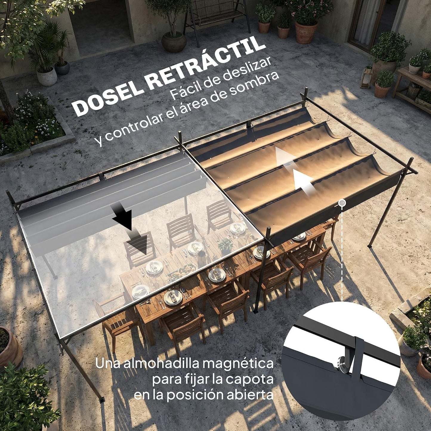 Outsunny Pérgola de Jardín 6x3 m con Techo Retráctil, Cenador de Jardín con UPF30+, Estructura Metálica, Tela de Poliéster, Pabellón para Exterior, Terraza, Gris Oscuro