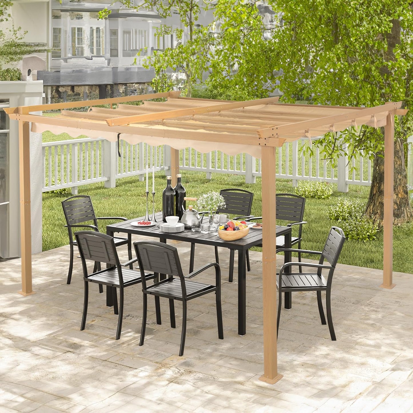Angel Living Pergola de Aluminio, Deslizante Retráctil, Tejido de Poliéster de Alta Densidad Repelente al Agua y Resistente a los Rayos UV, Cobertizo para Jardín, Terraza Beige (3 x 4)