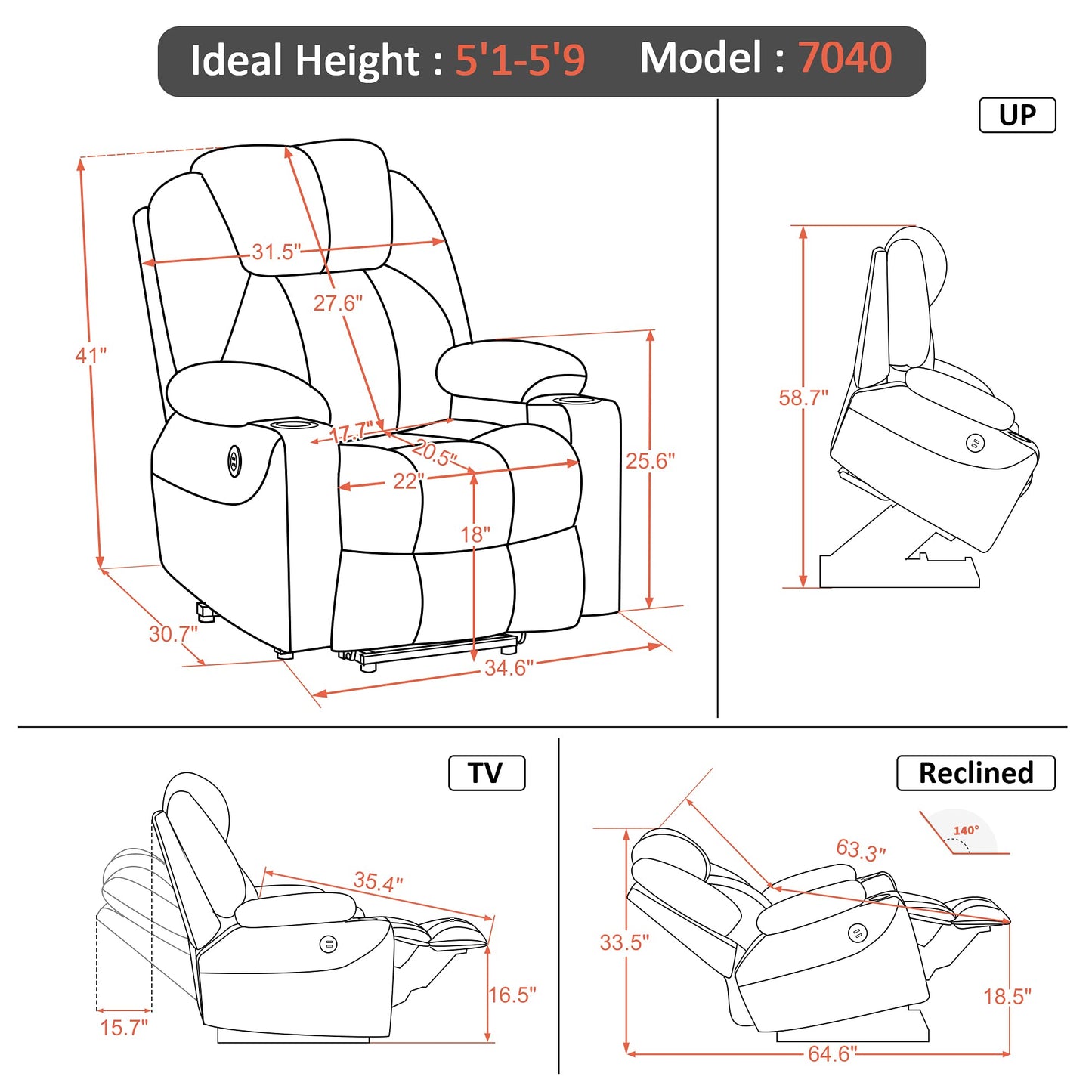 Mcombo Sillón Reclinable Eléctrico con Masaje y Carga USB