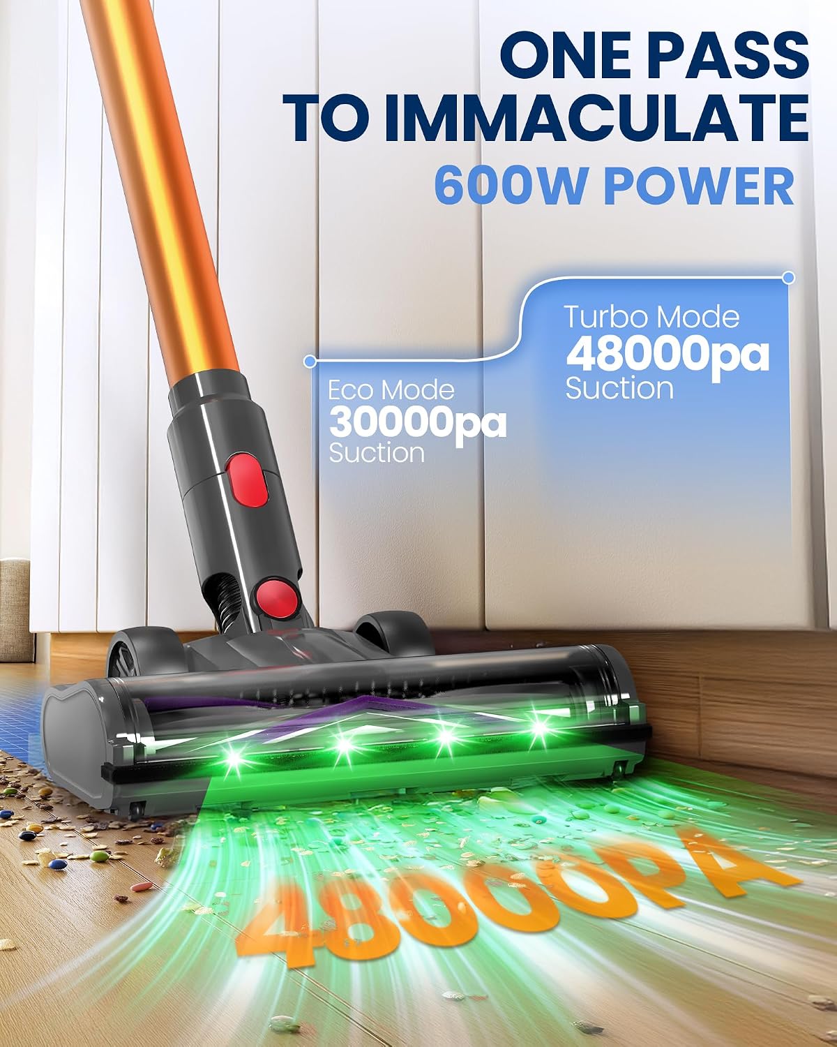 DP2 Aspiradora Sin Cable con 2 Baterías Integradas, 48KPa/90Min/600W, Pantalla LED, Tubo Telescópico, Autónomo, Luz Verde, Aspiradora Escoba Sin Cable para Pelo de Mascotas/Alfombras/Suelos Duros
