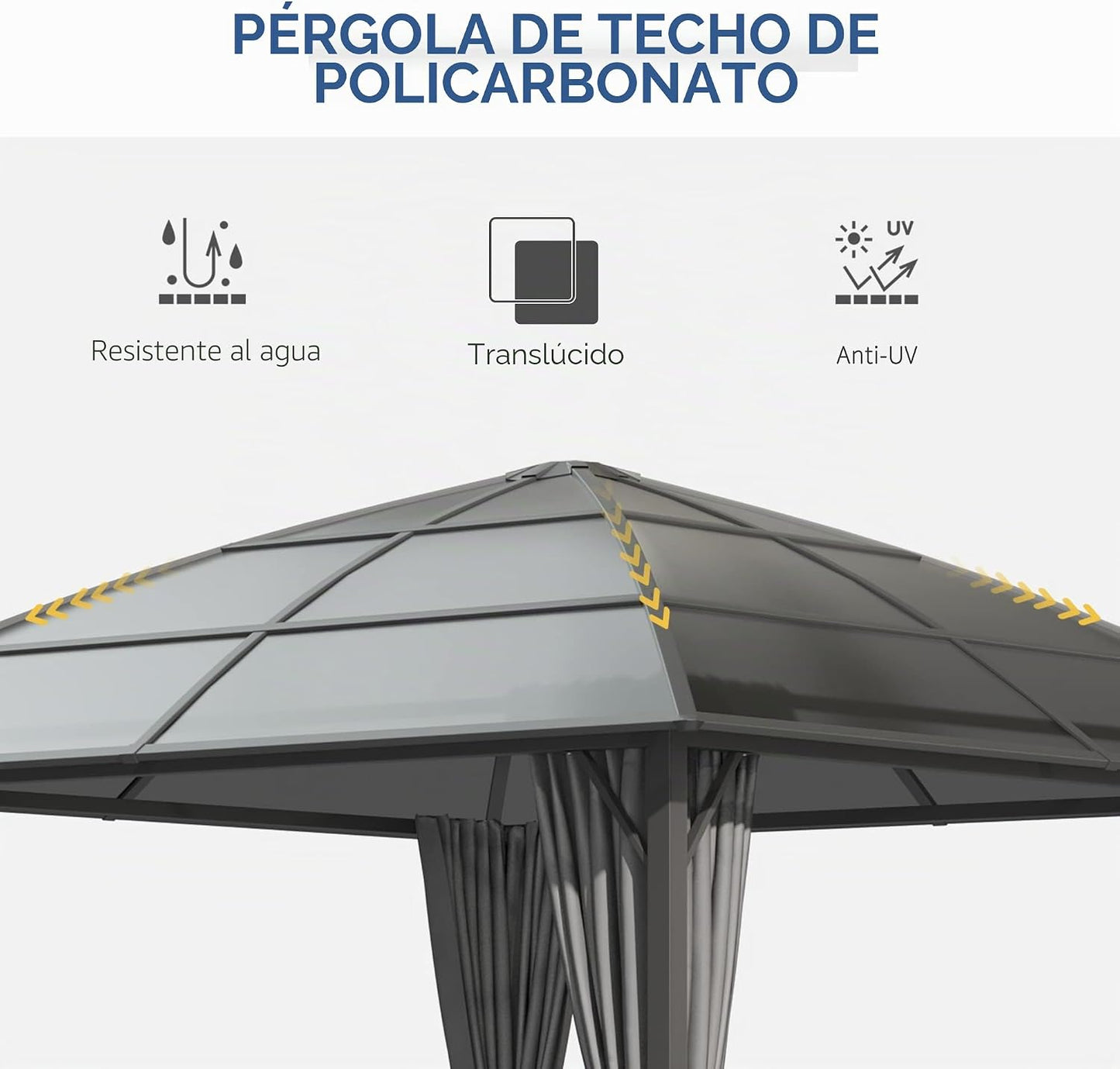 Outsunny Pérgola de Jardín Pabellón 3 x 3 m Estructura de Aluminio y Metal Techo de Policarbonato UV 60+ Impermeable con Paredes Laterales y Cortinas Deslizantes Gris Oscuro