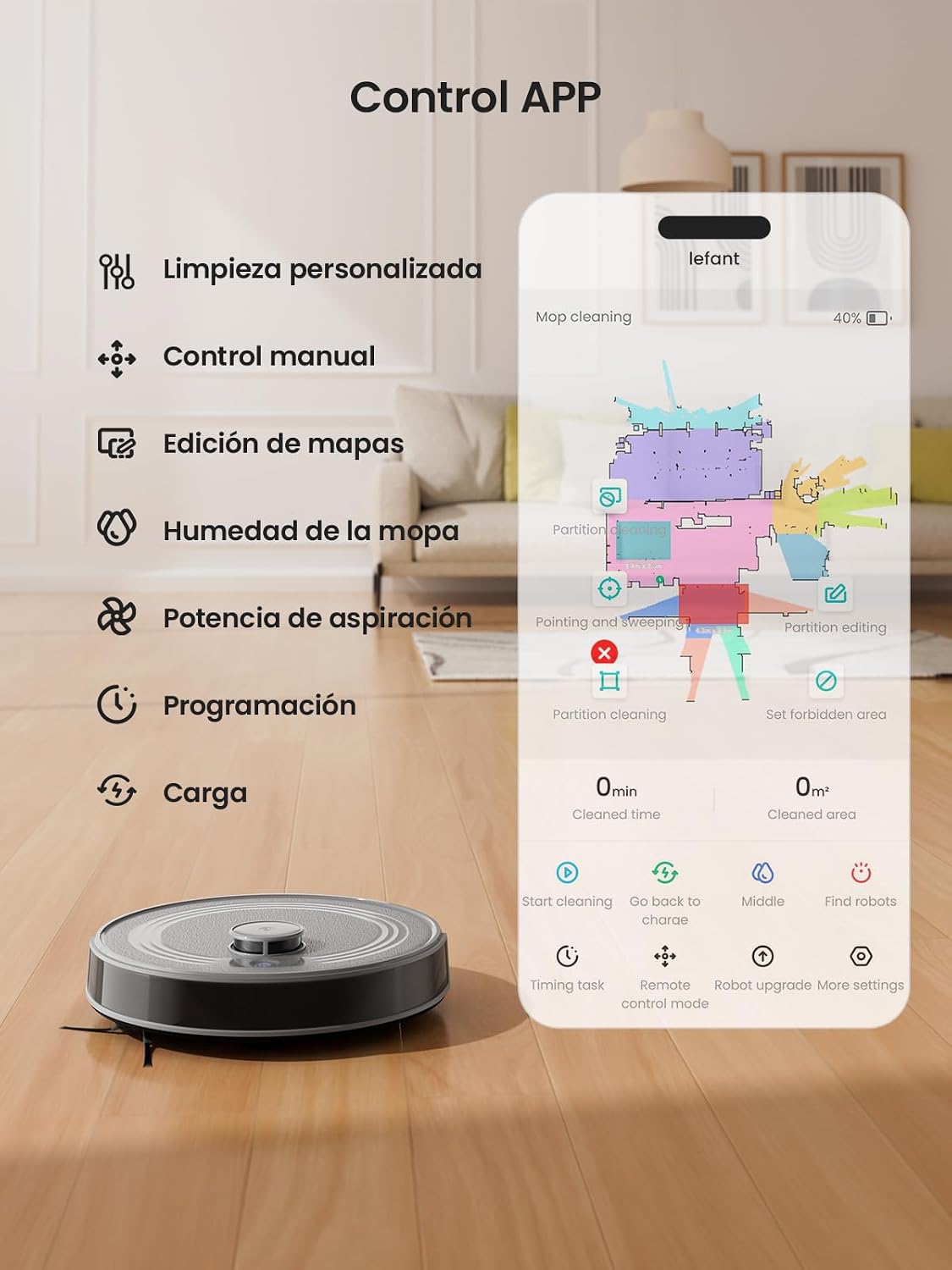 Lefant M2 Robot Aspirador y Fregasuelos con Cartografía, Aspiración de 6000Pa, Autonomía de 160 Minutos, Navegación Láser, Tecnología de Evasión PSD, Limpieza Personalizable, App/Alexa/WiFi