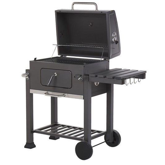 Barbacoa De Carbón Parrilla De Acero Gris Con Tapa Rejilla Ruedas 2 Estantes Termómetro Cenicero Extraíble Jardín Pavlof - Gris