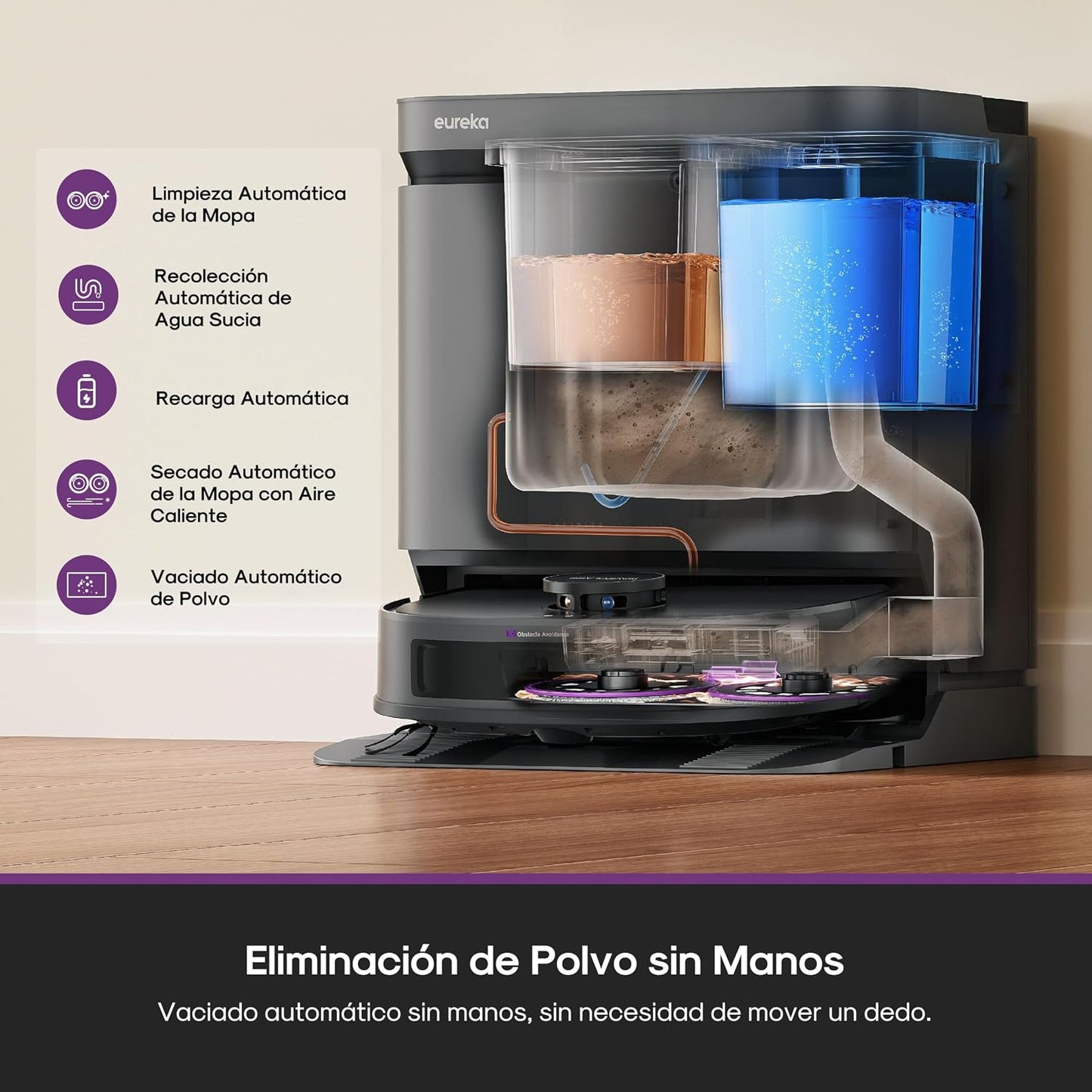 Eureka J15 EVO Ultra Robot Aspirador y Fregasuelos 22KPa con Base Multifuncional, Autovaciado, Autolimpieza, Cepillo Antienredo, Secado Aire Caliente, Limpieza de Alfombras Versátil