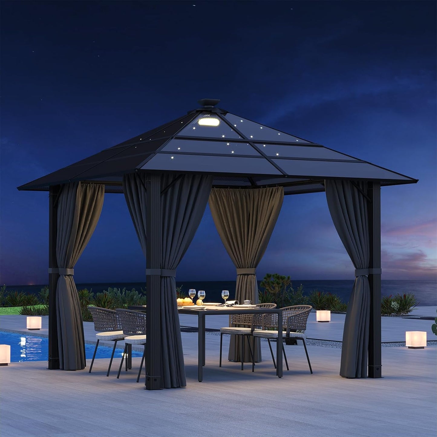 Devoko Pabellón 3x3 Impermeable Estable Resistente al Invierno, Pabellón de Jardín de Aluminio, Pabellones para Barbacoa con Techo Fijo Translúcido, Protección UV 50+, Pérgola Adecuada para Jardines