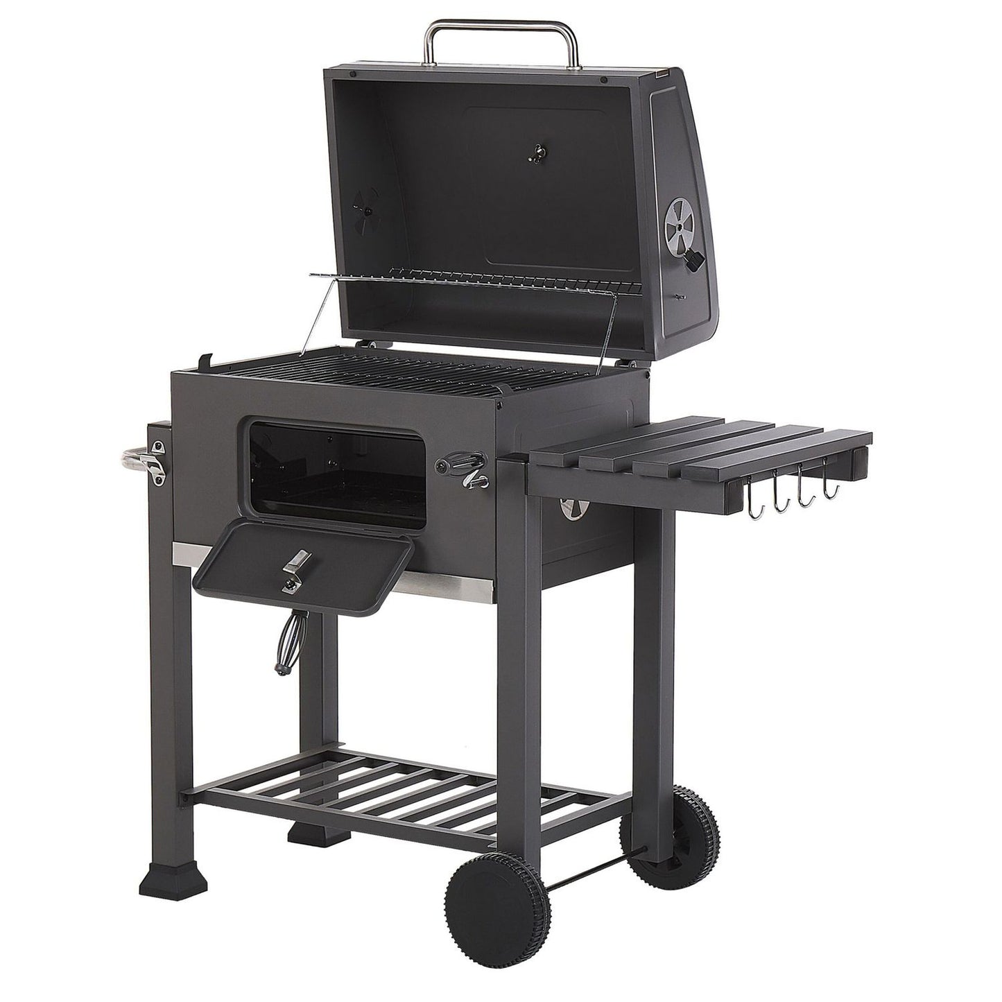 Barbacoa De Carbón Parrilla De Acero Gris Con Tapa Rejilla Ruedas 2 Estantes Termómetro Cenicero Extraíble Jardín Pavlof - Gris