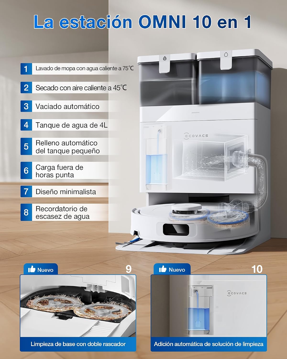 ECOVACS DEEBOT T30C Omni GEN2 Robot Aspirador con estación, 25000Pa, Lavado a Agua Caliente 75℃, mopa OZMO Turbo 2.0, Cepillo ZeroTangle 3.0, Limpieza húmeda adaptativa, Blanco