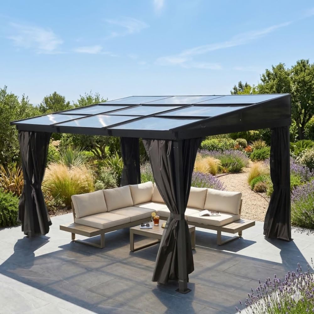 Jet-Line Carpa de lujo de aluminio Karoom 3 x 3,6 m antracita – Cenador de jardín con techo corredizo de policarbonato, resistente a la intemperie y estable, pérgola para jardín y terraza