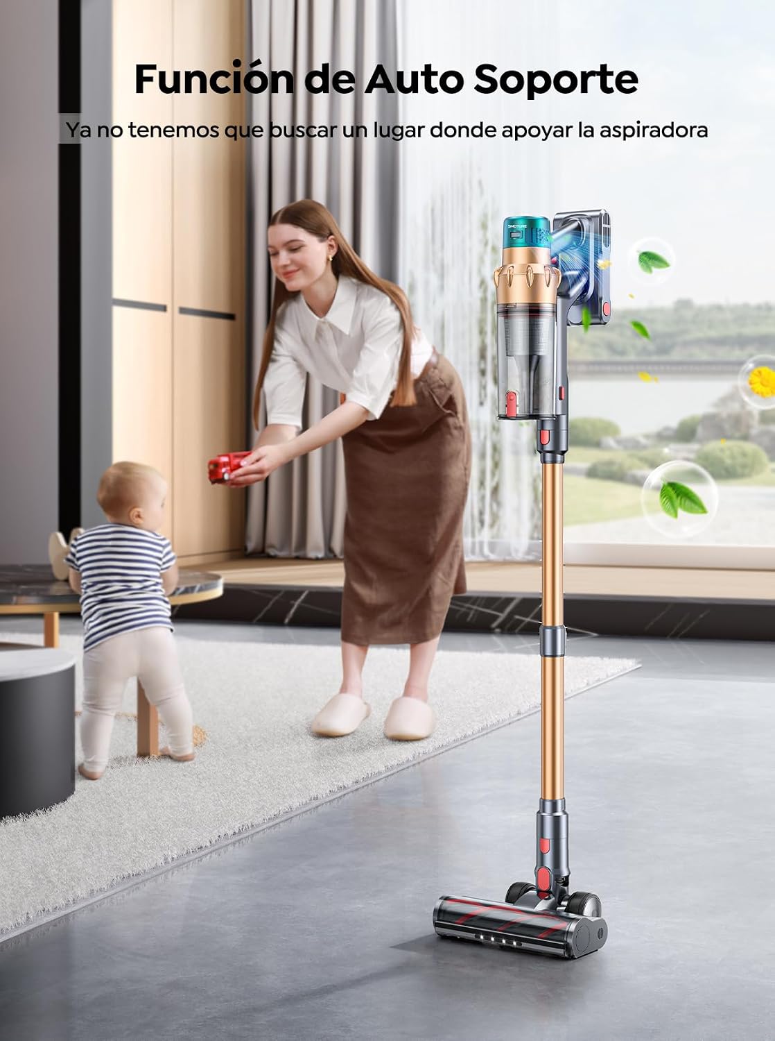 Aspiradora sin Cable 50KPa/600W/65Min(ECO), Aspiradora Escoba Vertical Potente con Cepillo para Colchón, Manguera 1M, Cepillo Anti-Enredo con Luz, Modo Automático, Carga Pared, Coche/Suelos/Alfombras