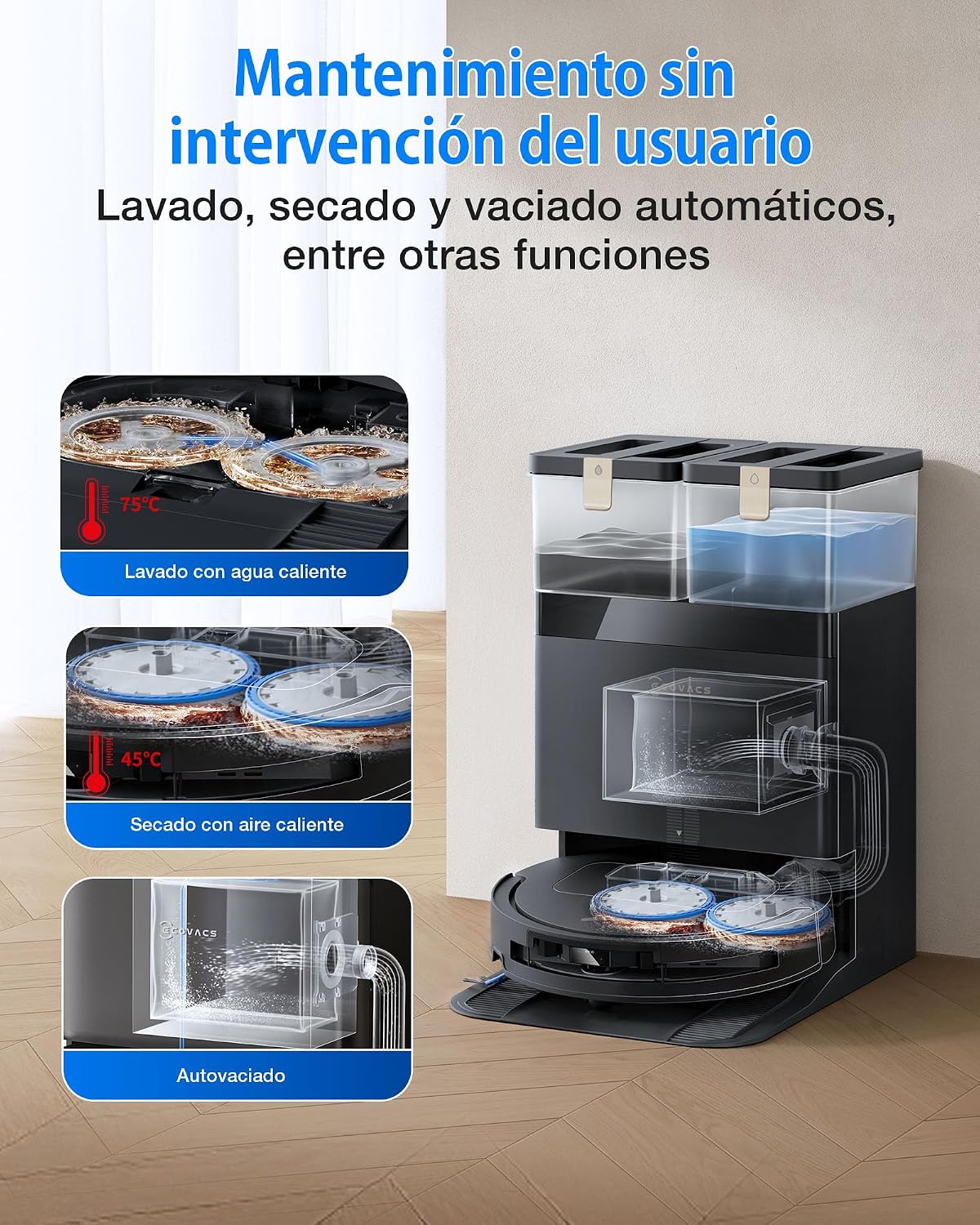 ECOVACS DEEBOT T50 Omni Gen3 Robot Aspirador y fregado, 25 000Pa, Cepillo mopa Extensibles, ZeroTangle 3.0, AIVI 3D 2.0, estación Omni Todo uno, Lavado con Agua Caliente a 75°C, Ultrafino 81mm, Negro