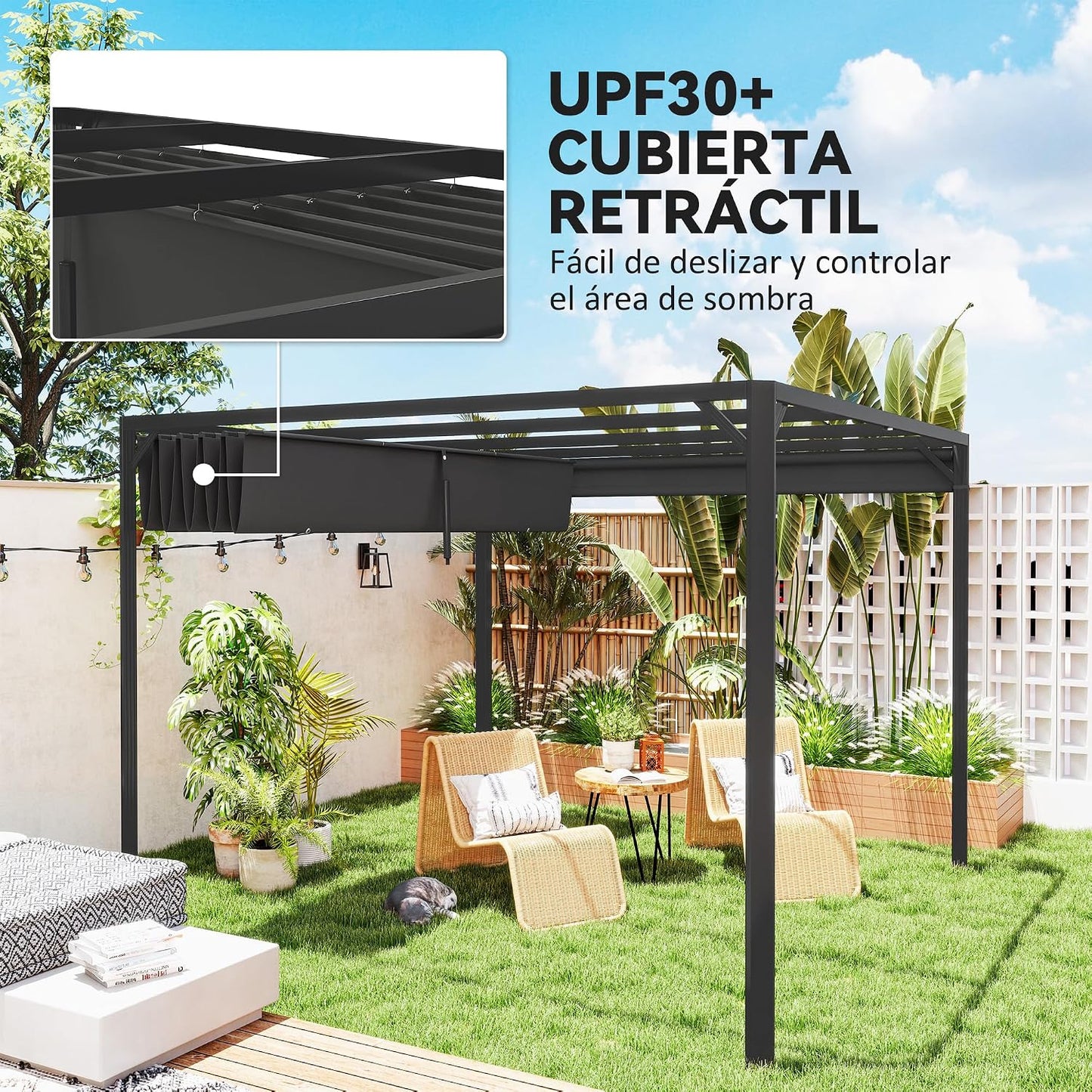 Outsunny Pérgola de Jardín 3x3 m con Techo Retráctil, Pared Lateral Enrollable y Estructura de Aluminio, Cenador de Jardín con UPF30+, Pabellón para Exterior, Patio, Terraza, Gris Oscuro