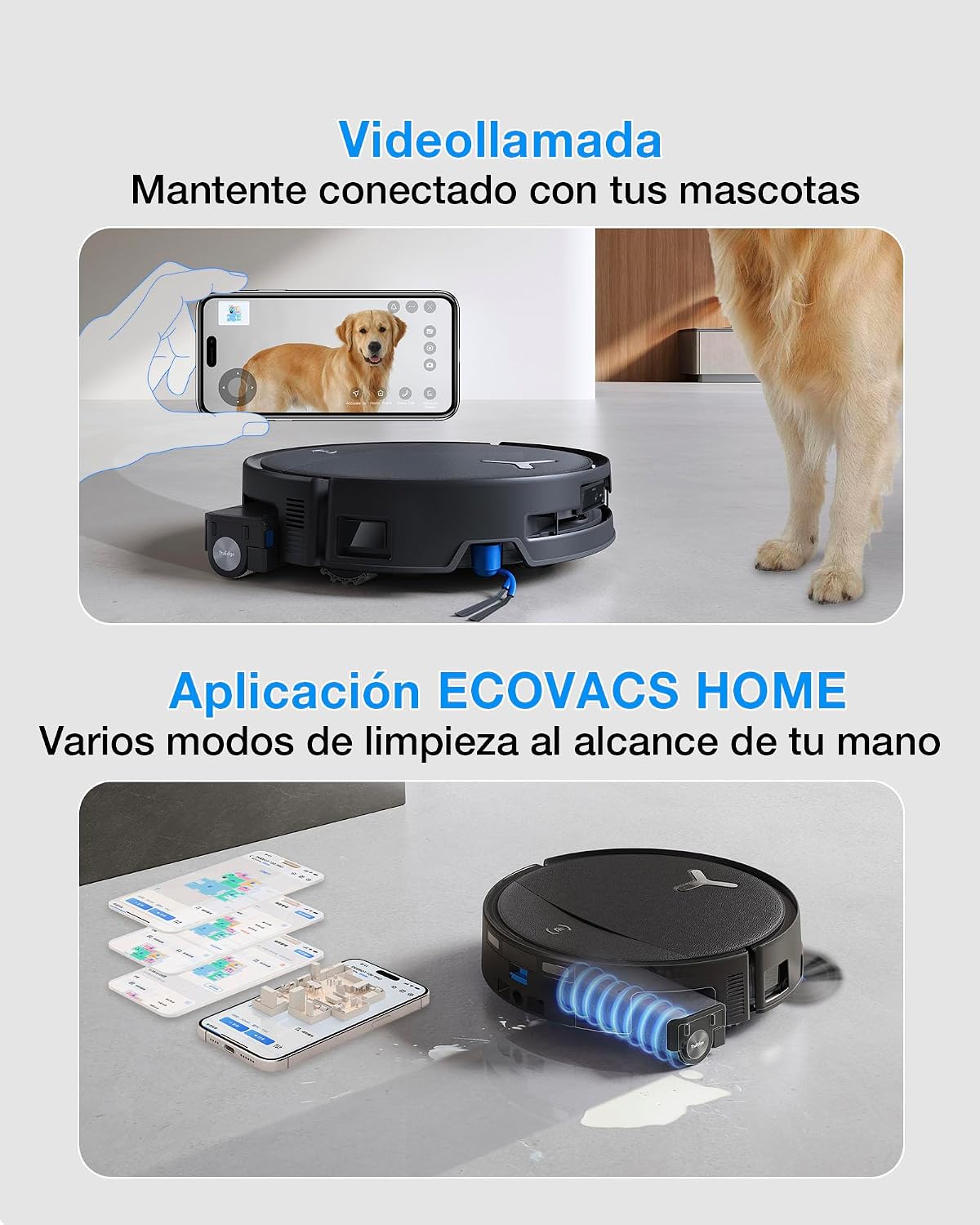 ECOVACS DEEBOT T80S Omni Robot Aspirador y Mopa, 24 800 Pa, OZMO Roller 2.0, Tecnología ZeroTangle 3.0, Mecanismo Triple Lift, Lav Mopa con Agua Cal a 40-75 °C, Secado Aire Cal, Negro