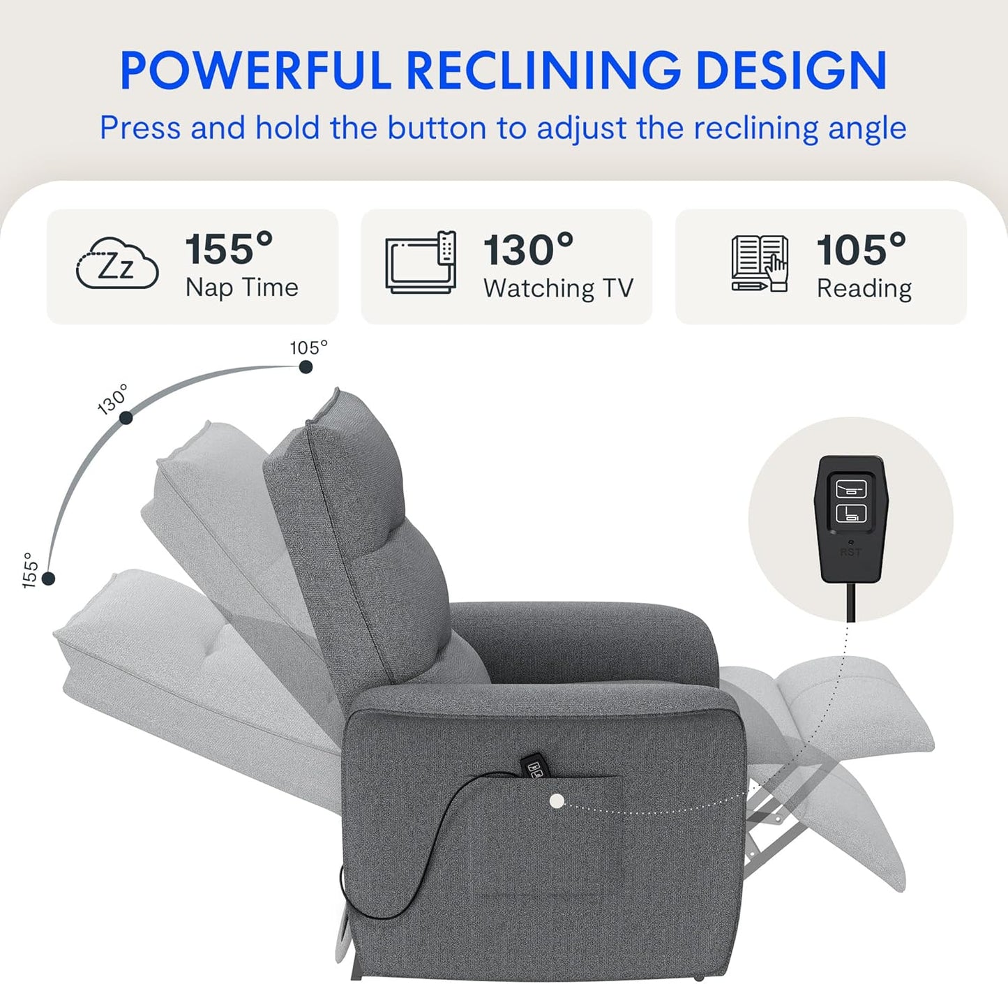 FLEXISPOT Sillón de Relax Eléctrico con Respaldo Ajustable, Reclinable de 105° a 155°, Sillon Reclinable, Sofá Relax Ergonómico Sillón para Dormitorio, Salón y Cine en casa (Gris Oscuro)
