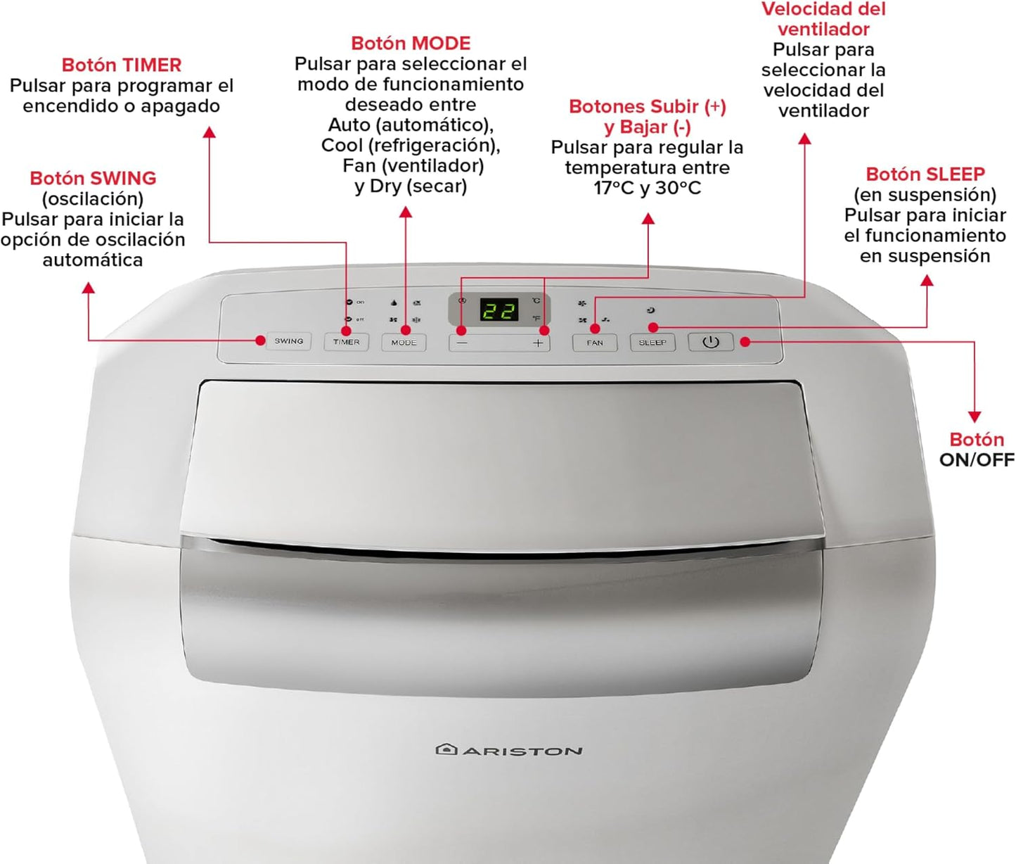 Ariston, Mobis 10- Pinguino Aire Acondicionado Portátil Silencioso con Temporizador y Mando a Distancia, Climatizador 24x69x2.5 Blanco Fabricado para Instalación en España, Eficiencia A+ Rango(A+++/D)